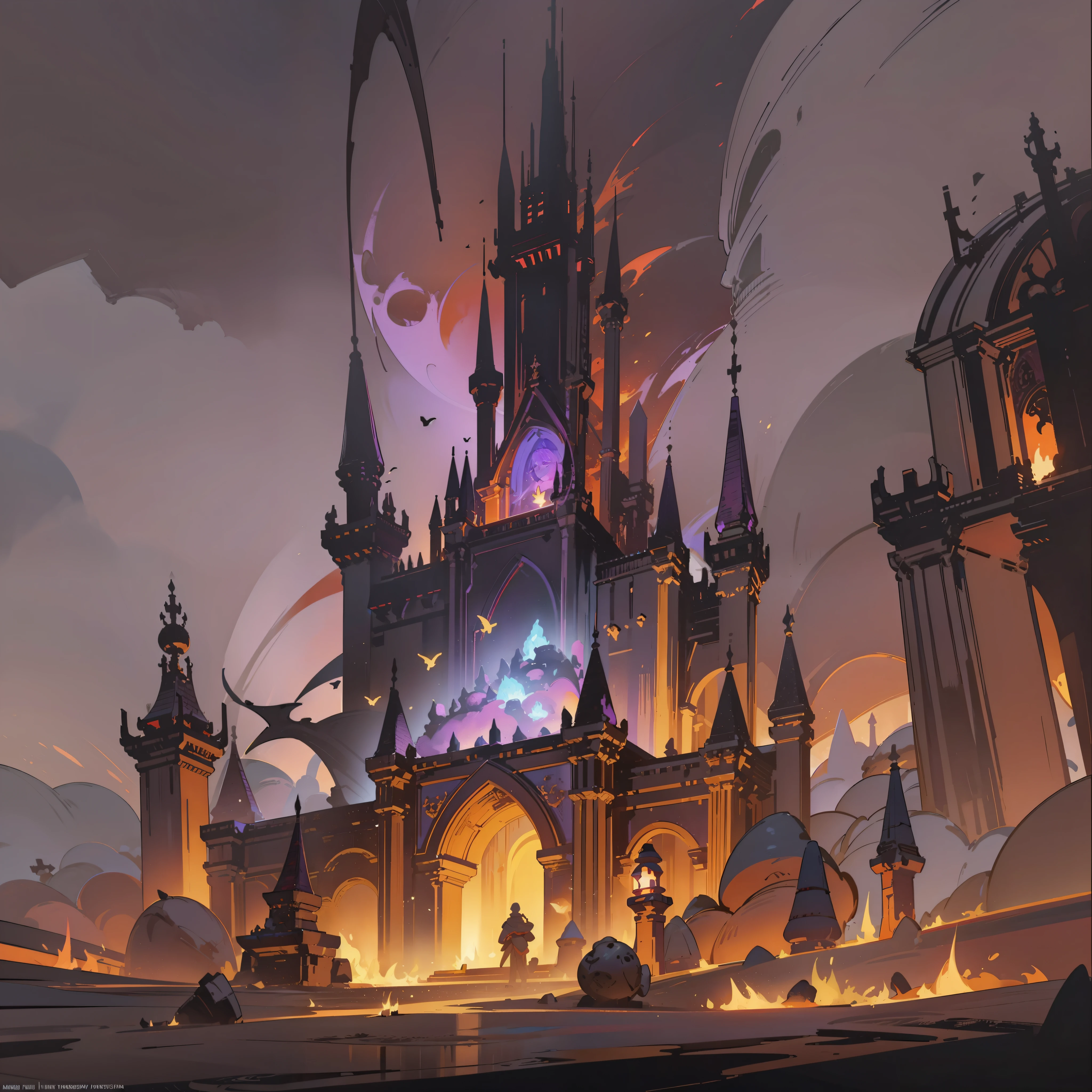 Hell, Magic Domain, Hell Environment, Hell Rendering, Dim, Firelight, Fire, Bright Purple, Chiaroscuro, Dark, Wide Angle, Pioneering, Hell King, Ray Tracing, Comics, 3D Rendering, Cartoon, Cute Style, Detail, 4K, HD, High Quality