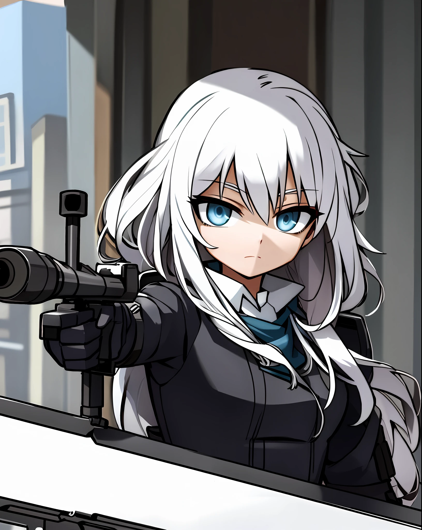 Assassin, girl, cute, super long, white hair, black gloves, sniper rifle