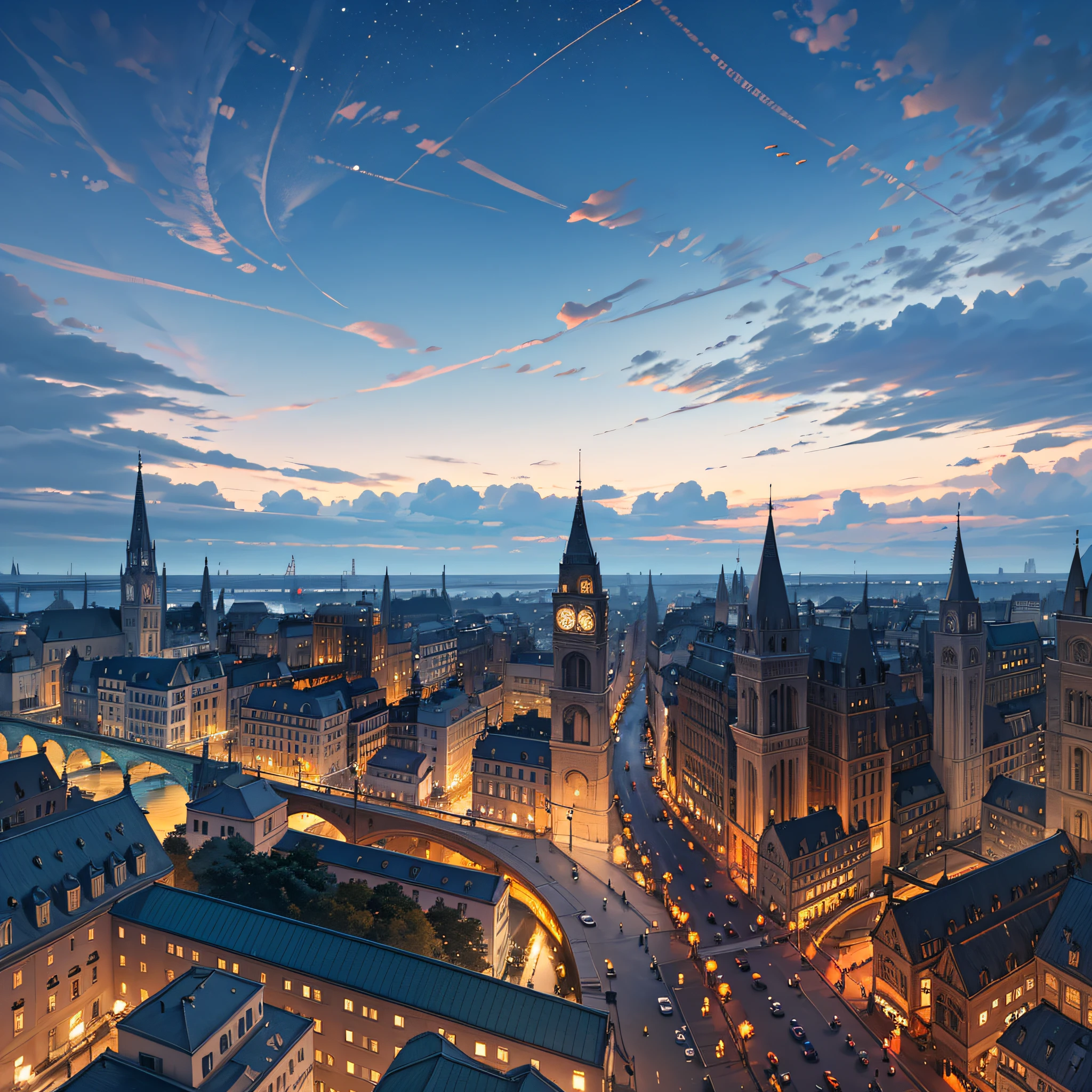 [4K HD] [Extreme Detail] [Visual feast picture quality] bird's eye view, grand and spectacular; Late autumn dusk, discrete small buildings on the riverside, intoxicating scenery; The sunset, the gauze collar is moving, bright and beautiful, time and space are staggered, fresh and elegant, aesthetic and exquisite, all in one go, perfect interpretation of artistic life. --auto --s2