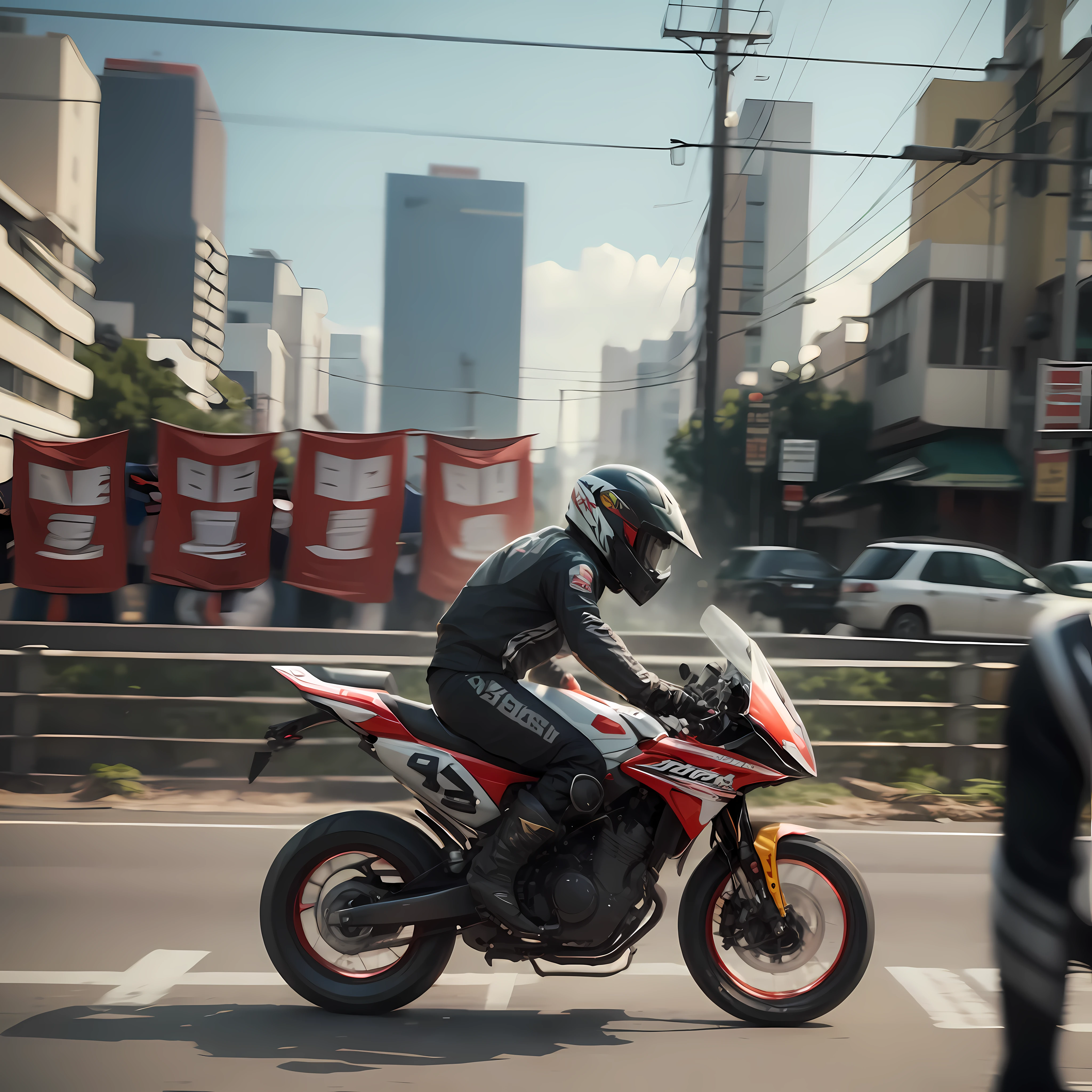 Motoboy delivery at high speed seen from side, 16k, realistc, 135mm, cinematic background --auto --s2