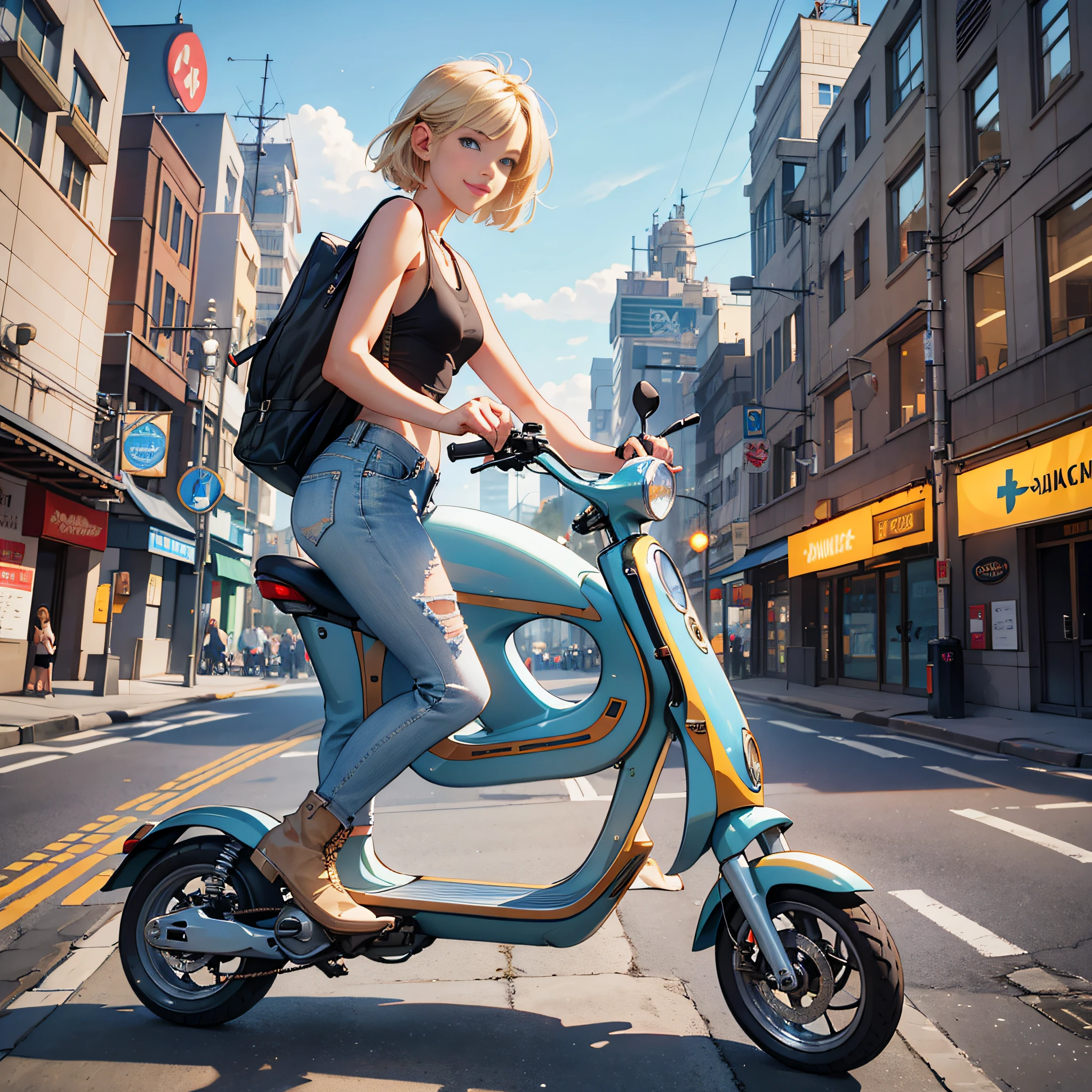 {{masterpiece, best quality, extremely detailed CG, unity 8k wallpaper, cinematic lighting}}, A city with a harbor  and an electric kick scooter. The protagonist is a stunning upper body girl 1 person blonde short bob silver smile, wearing a white tank top, distressed denim shorts, engineer boots, and riding the electric kick scooter. beauty,
