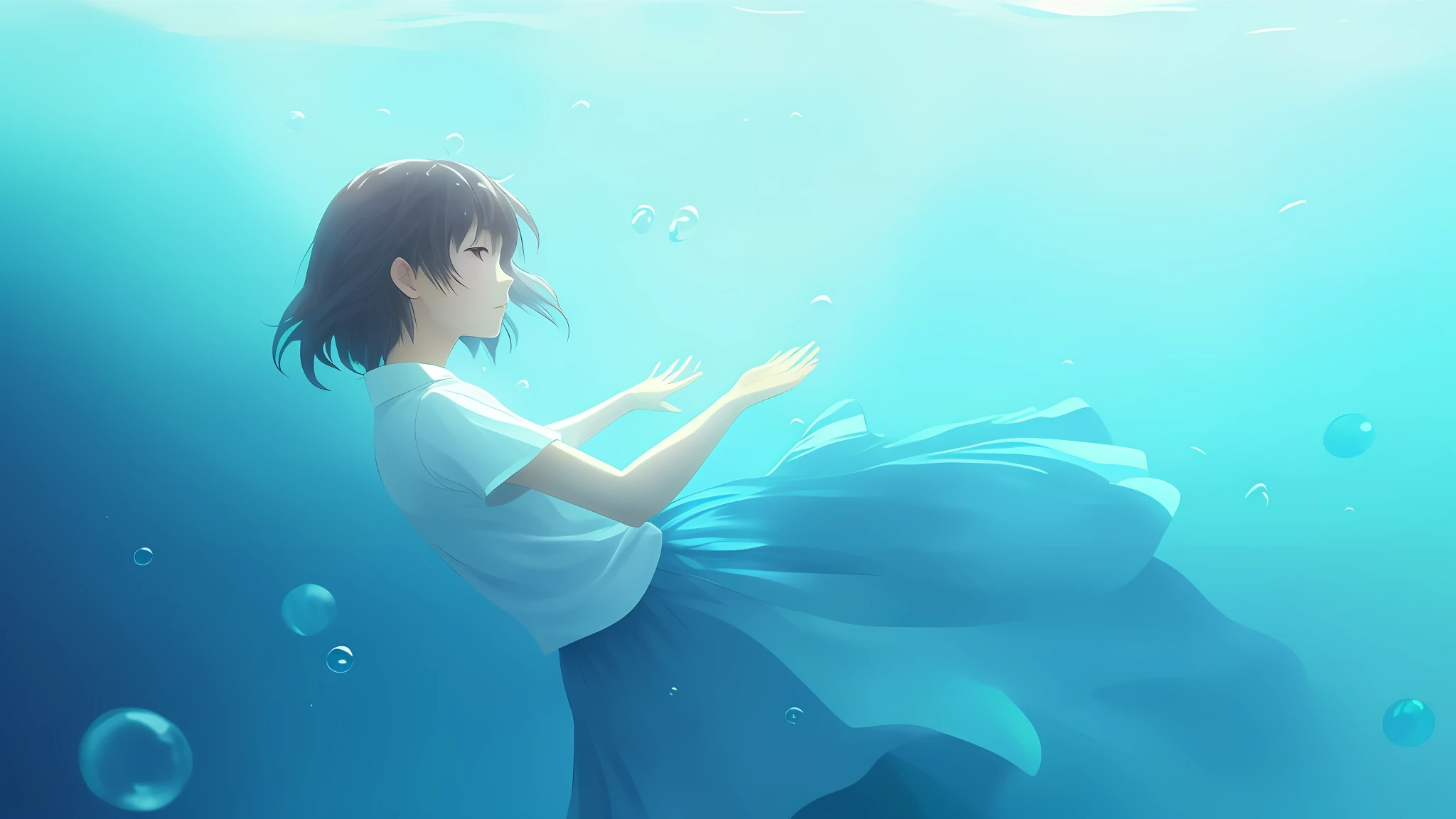 Young Japan woman sinking into the water. She wears a white shirt and a long blue skirt. Makoto Shinkai, anime style.