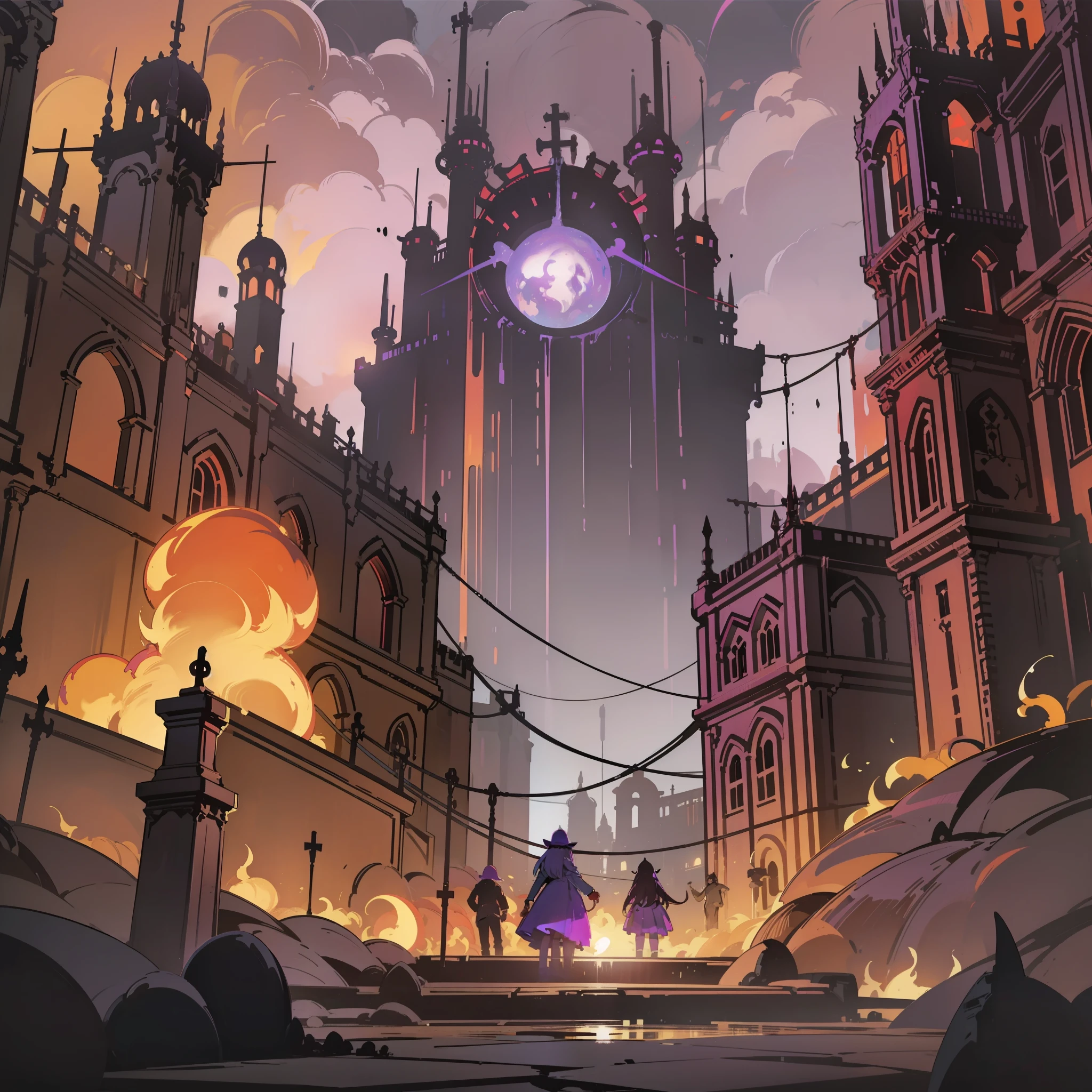 Hell, Magic Domain, Hell Environment, Hell Rendering, Dim, Firelight, Fire, Bright Purple, Chiaroscuro, Dark, Wide Angle, Pioneering, (Hell: 1.5), (Hell City: 1.5), Ray Tracing, Comics, 3D Rendering, Cartoon, Cute Style, Detail, 4K, HD, High Quality