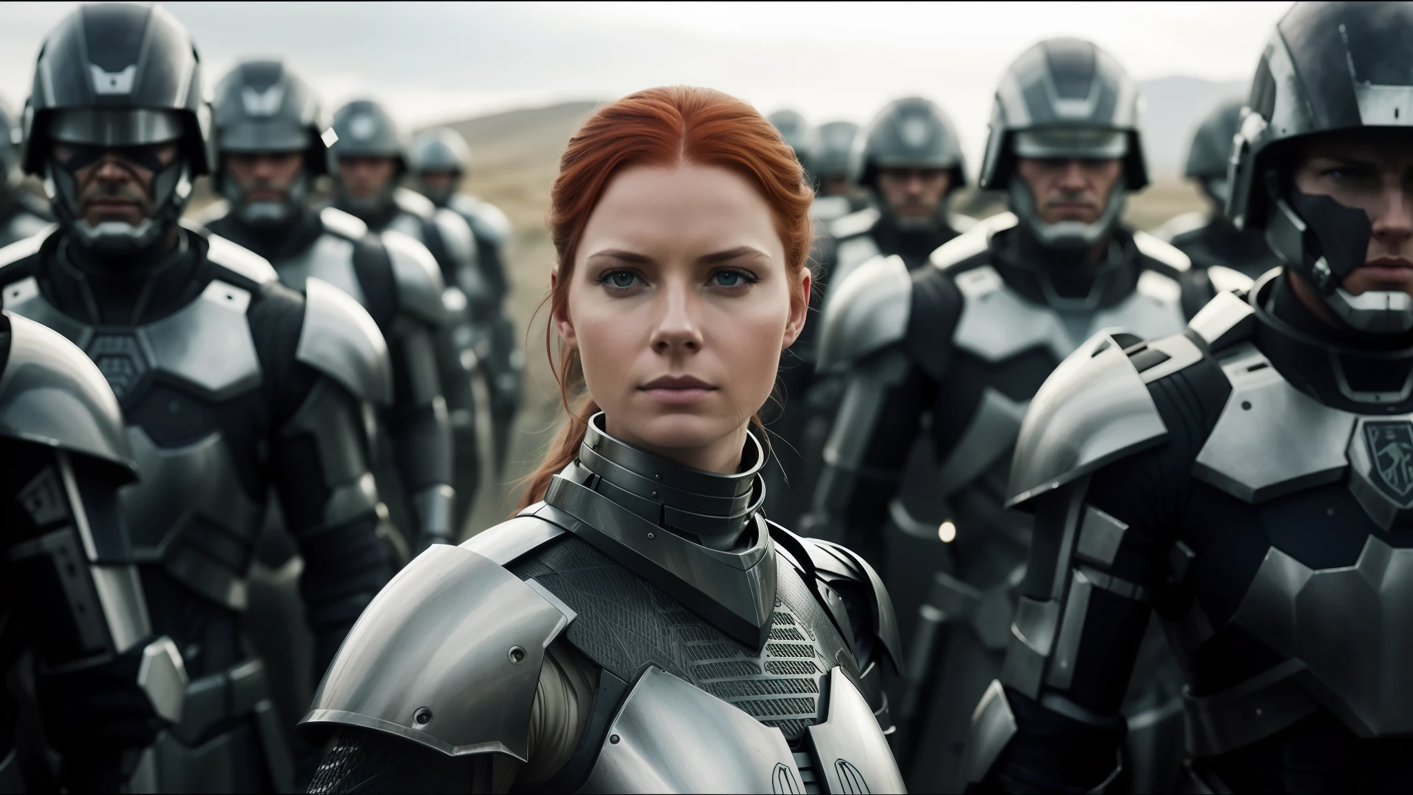 arafed woman in armor standing in front of a group of soldiers, ash thorp, redhead woman, award-winning cinematography, by Bruce Onobrakpeya, peter hurley, karl urban, portrait of a mechanical girl, dramatic film still, by Peter Madsen, promotional shot, filmstill, 3 0 0, spartan, freya, beutiful white girl cyborg