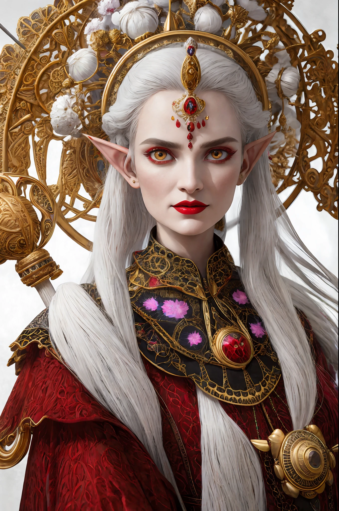 Complex 3D render ultra detailed beautiful white woman of 40 years, thin red lips, a golden eyetoth, elf ears, voluminous gray hair like that of the blanka, golden eyes, round golden pinjente, red dress, holding a wooden staff with a carved owl, 150 mm lens, beautiful natural soft rim light, fine foliage lace, colorful details, embroidered art nouveau fashion, intricate details, mesh thread, mandelbrot fractal, facial muscles, badass, hyper realistic, ultra detailed, octane rendering, volumetric lighting, 8k post-production, red and white with a little black, iridescent colors, Glenn Brown style, vintage room, god power, high angle shot, complex body poses