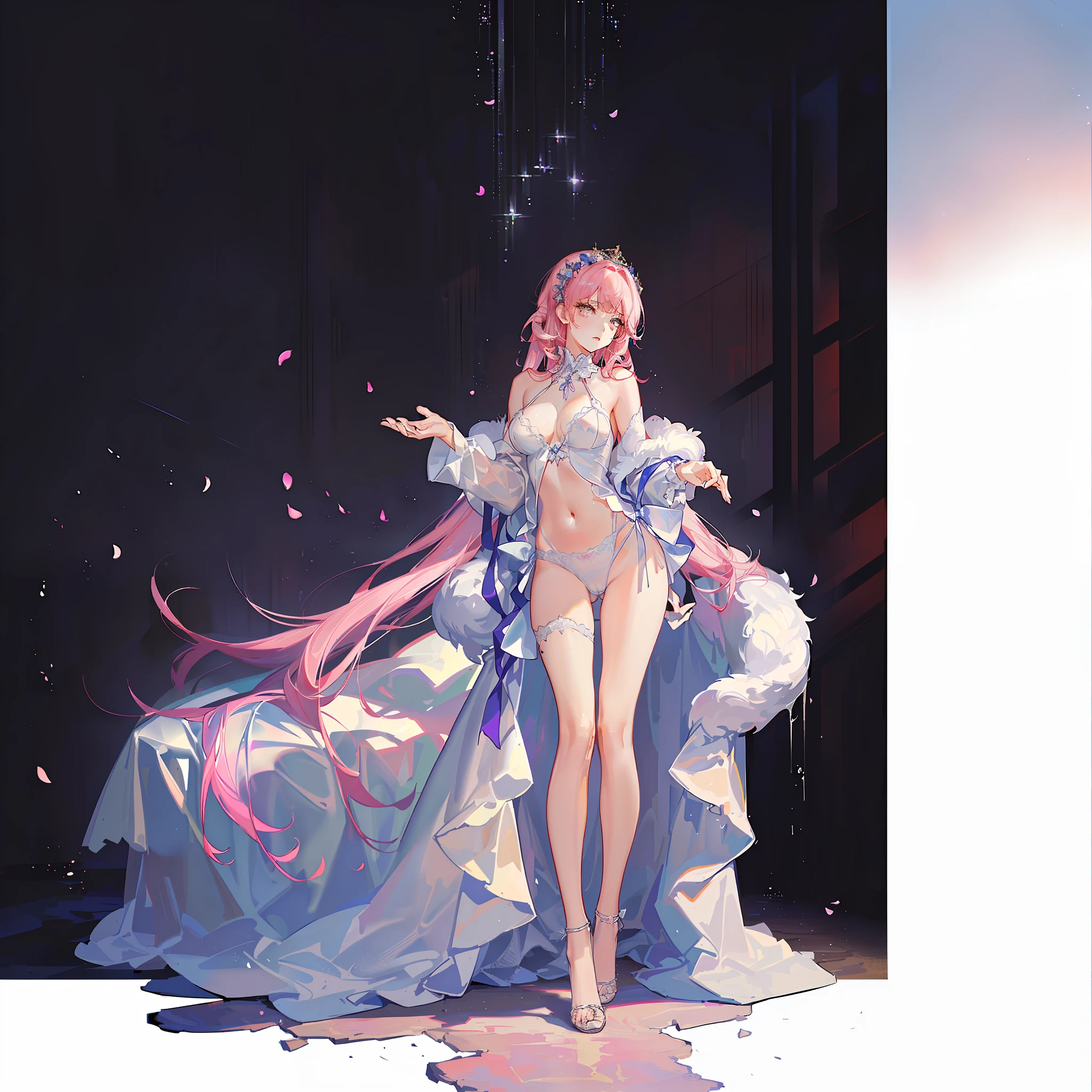 Best quality, masterpiece, super high resolution, a super model, super beautiful face, pure body, no makeup, pores clearly visible, pink lingerie, big breasts, catwalk pose, (realism: 1.8), original photo, soaked body, covered in sweat, bare shoulders, in the dark, deep shadows, low profile, cold light