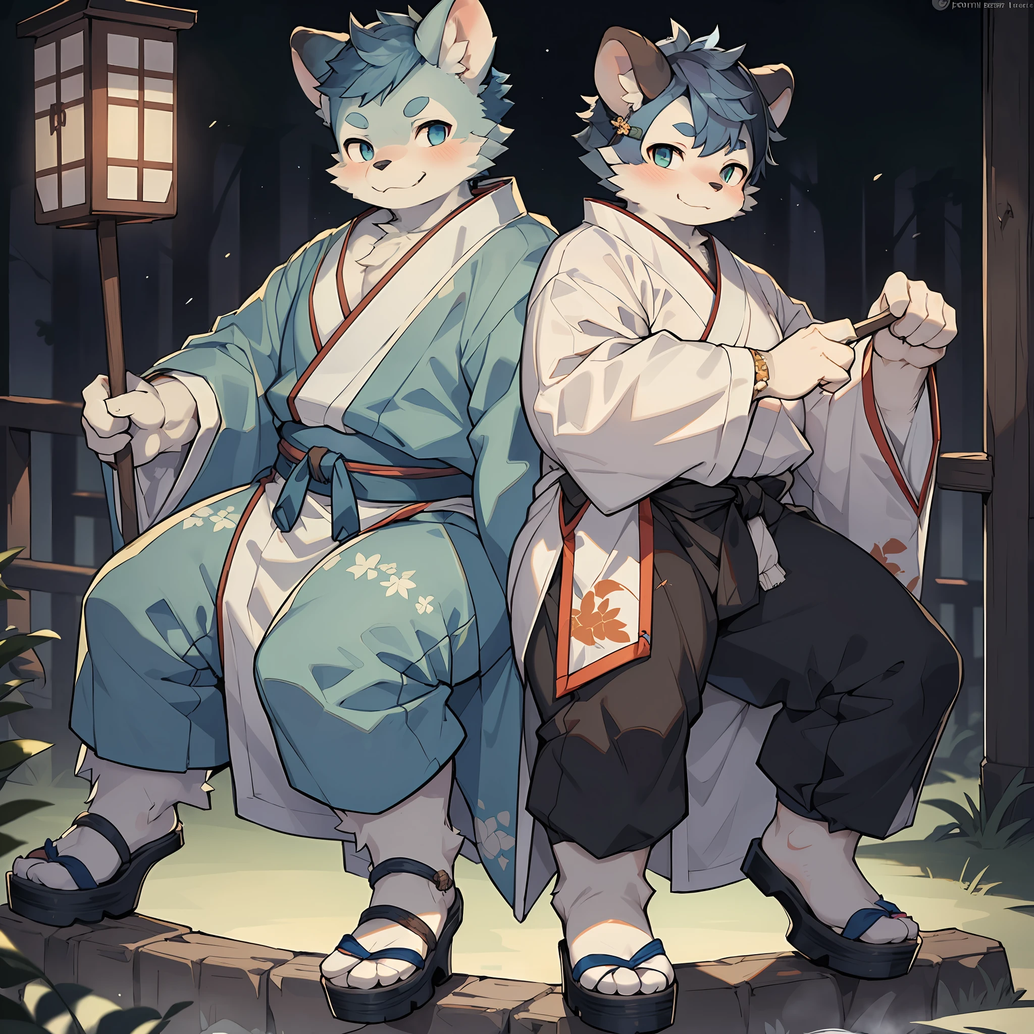 Master work, best image quality, 8k resolution, high detail, depth of field, male, (fat), (orc), thick eyebrows, short eyebrows, (bear ears), (clogs), stout, ((blue hair)), ((Japanese clothing)), flexible pose, look away, summer night, center composition, mood lighting, volumetric light, cinematic lighting