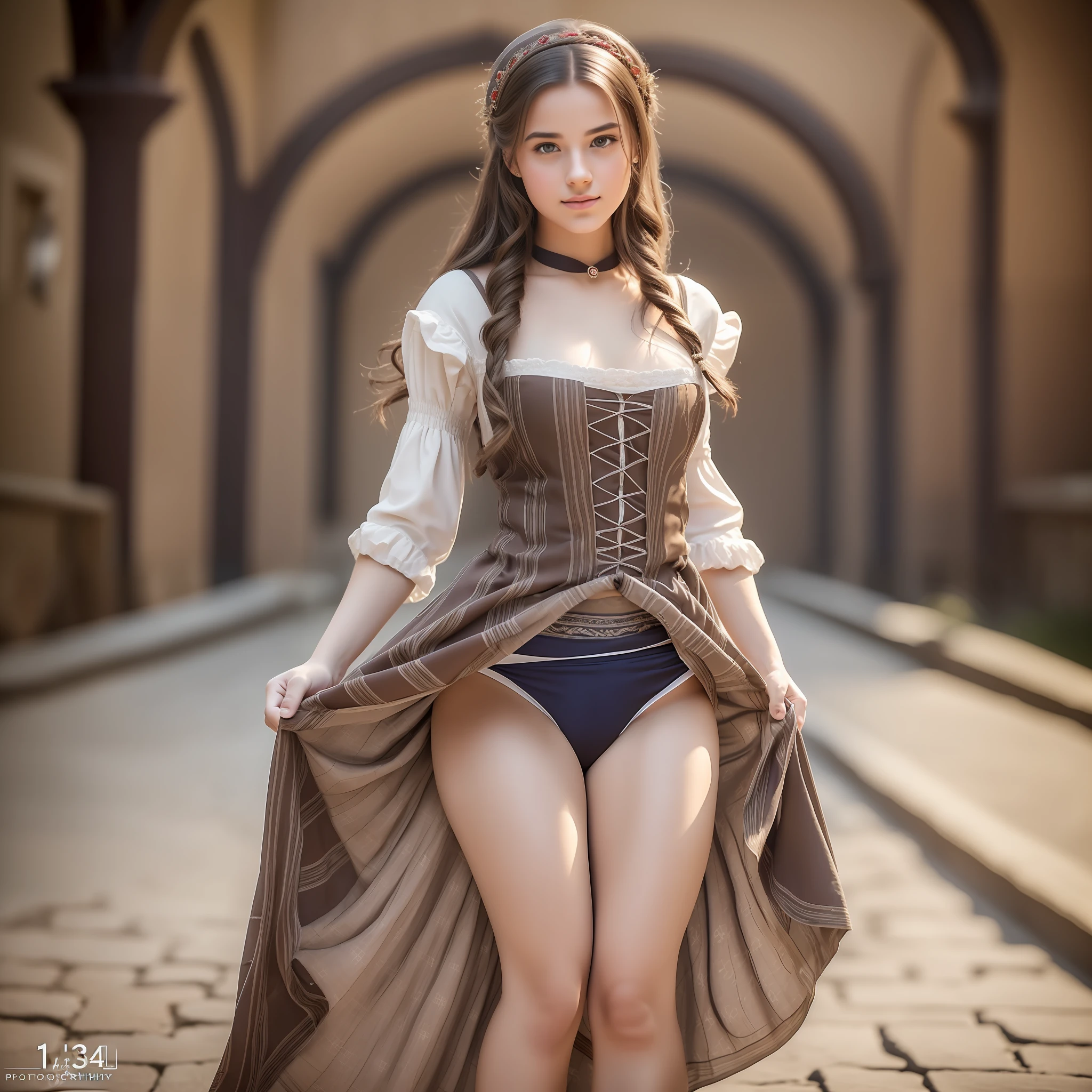 Full-length view (portrait of a 18 y.o. girl lifting a full-length skirt demonstrating underpants), (in a 15th century medieval long dress, intimate, detailed: 1.3), ( panties: 1.3), (very detailed face: 1.4), (white background: 1.2), (8k, uhd, DSLR, high quality, cinematic lighting, bokeh), (dramatic, award-winning photography, incredible masterpiece: 1.3)