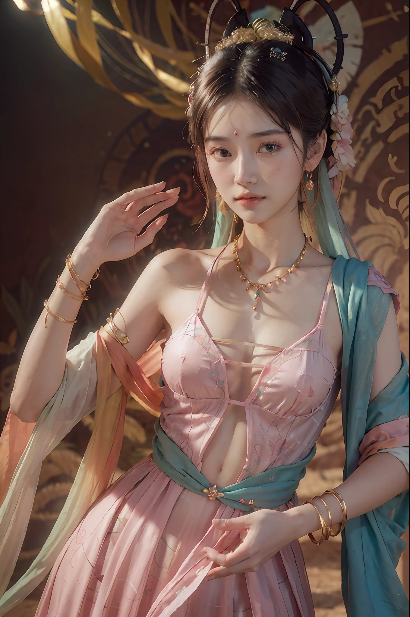 (best quality:1.1),(masterpiece:1.1),high resolution,extremely Detailed details,intricate details,8k,hdr,diffused soft light,
(realistic:1.3),(photorealistic:1.3),whole body,(Beautiful face:1.2),(Small head:1.1),
(dunhuang_clothes:1.3),(dunhuang_dress:1.3),
jewelry,necklace,gorgeous neck ring,arm belt,bangle,belly chain,anklet,chest chain,
fashion photography portrait of pink human avatar,in pink lush jungle with flowers and birds,3d render,cgi,symetrical,octane render,35mm,bokeh,(desert dunes as a background),