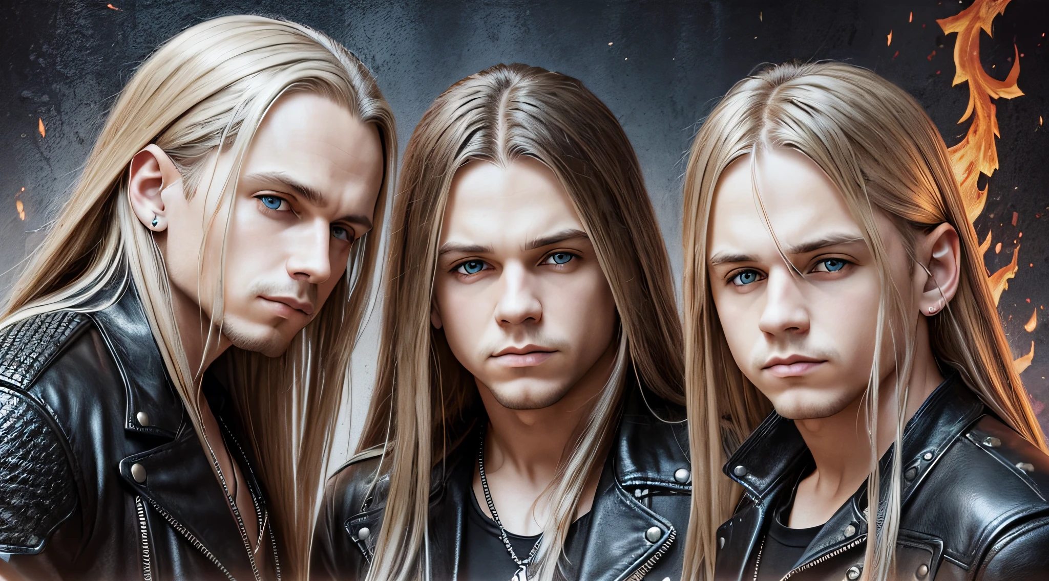 3 BOYS Russian children with 20 years old WITH LONG STRAIGHT BLONDE HAIR, LEATHER JACKET AND BLACK CLOTHING, PORTRAIT STYLE, a closeup, LOTS OF FIRE, HELLISH.album cover, evil album cover, alternate album cover, metal album cover, album cover, 2 0 0 6 promotional publicity photo, metallica, heavy rock band promotional photo,  Drew Struzan Tomasz Alen Kopera, Album Art, Album Cover Art, Megadeth, Maiden, Album, Heavy Metal Album Cover,