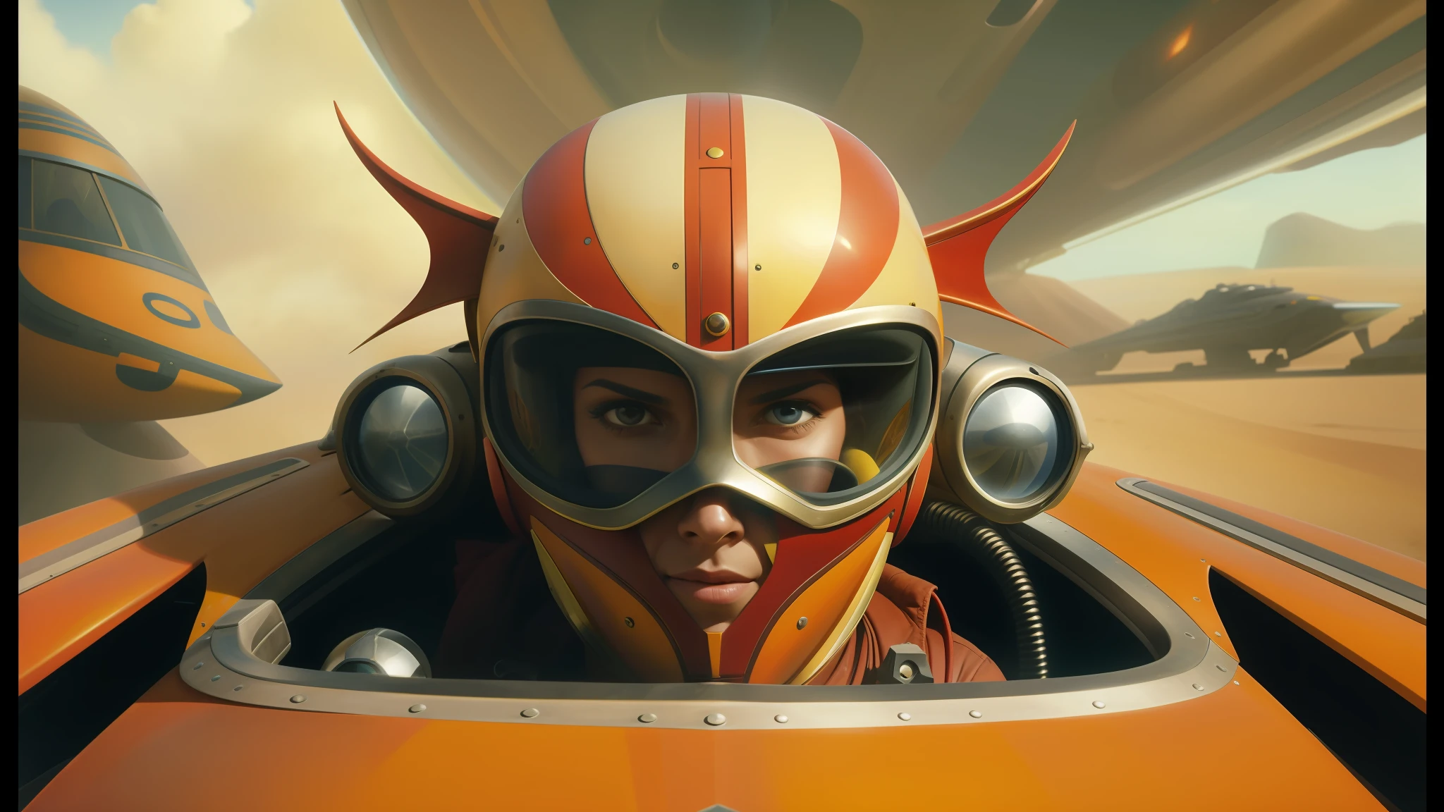 there is a man in a helmet and goggles in a plane, jodorowsky's dune movie, artgerm and patrick demarchelier, speeder, bolts of bright yellow fish, 1 9 2 0's sci - fi, facial closeup, still image from the movie, post - apocalyptic cowgirl, speedy aircraft, trending on art, anamorphic illustration