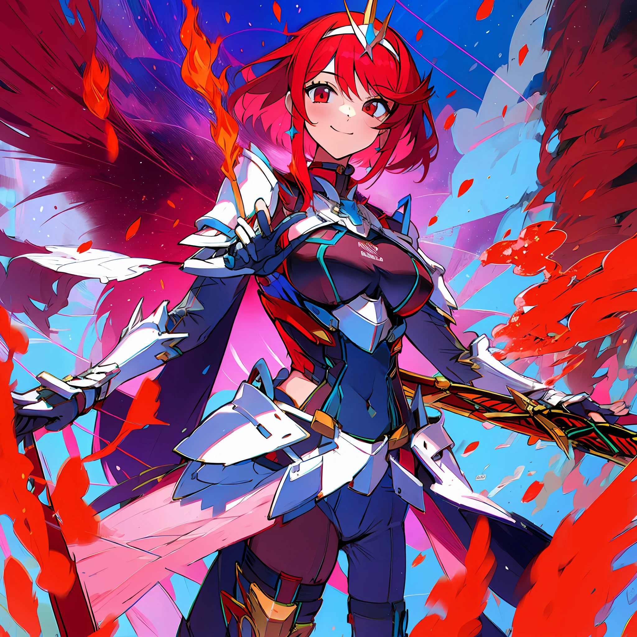 Red haired girl, best quality, doing pose, wearing armor, with a fire sword