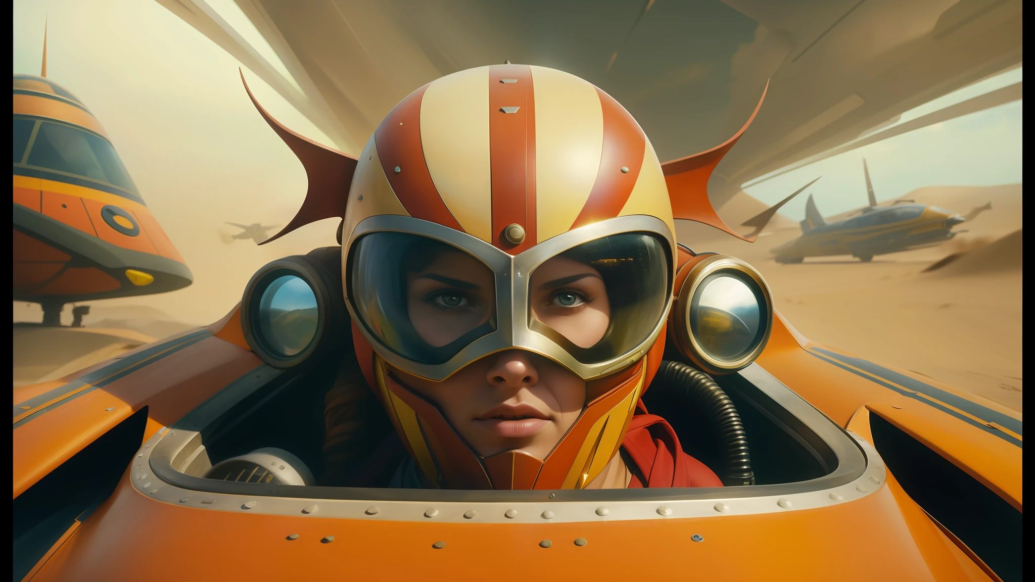 there is a man in a helmet and goggles in a plane, jodorowsky's dune movie, artgerm and patrick demarchelier, speeder, bolts of bright yellow fish, 1 9 2 0's sci - fi, facial closeup, still image from the movie, post - apocalyptic cowgirl, speedy aircraft, trending on art, anamorphic illustration