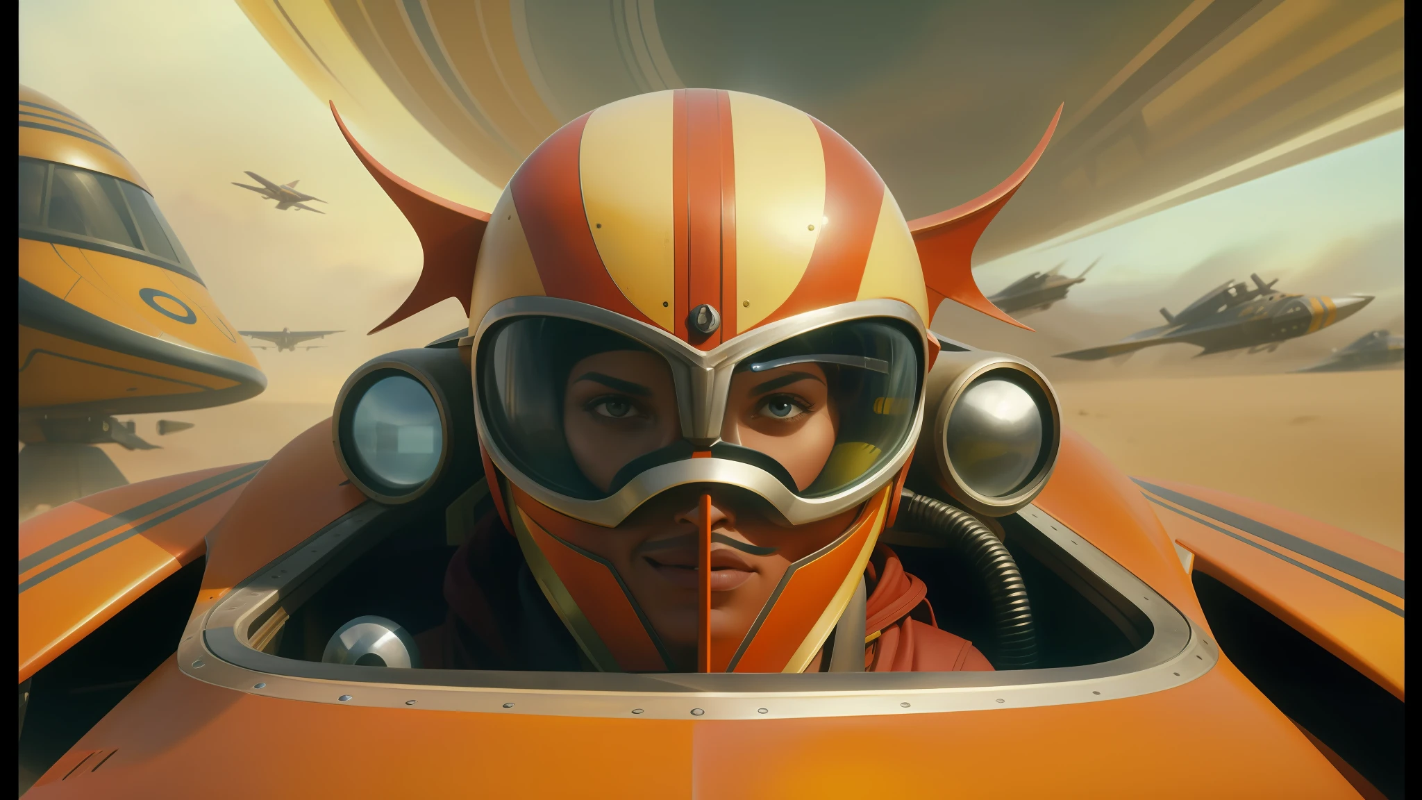 there is a man in a helmet and goggles in a plane, jodorowsky's dune movie, artgerm and patrick demarchelier, speeder, bolts of bright yellow fish, 1 9 2 0's sci - fi, facial closeup, still image from the movie, post - apocalyptic cowgirl, speedy aircraft, trending on art, anamorphic illustration