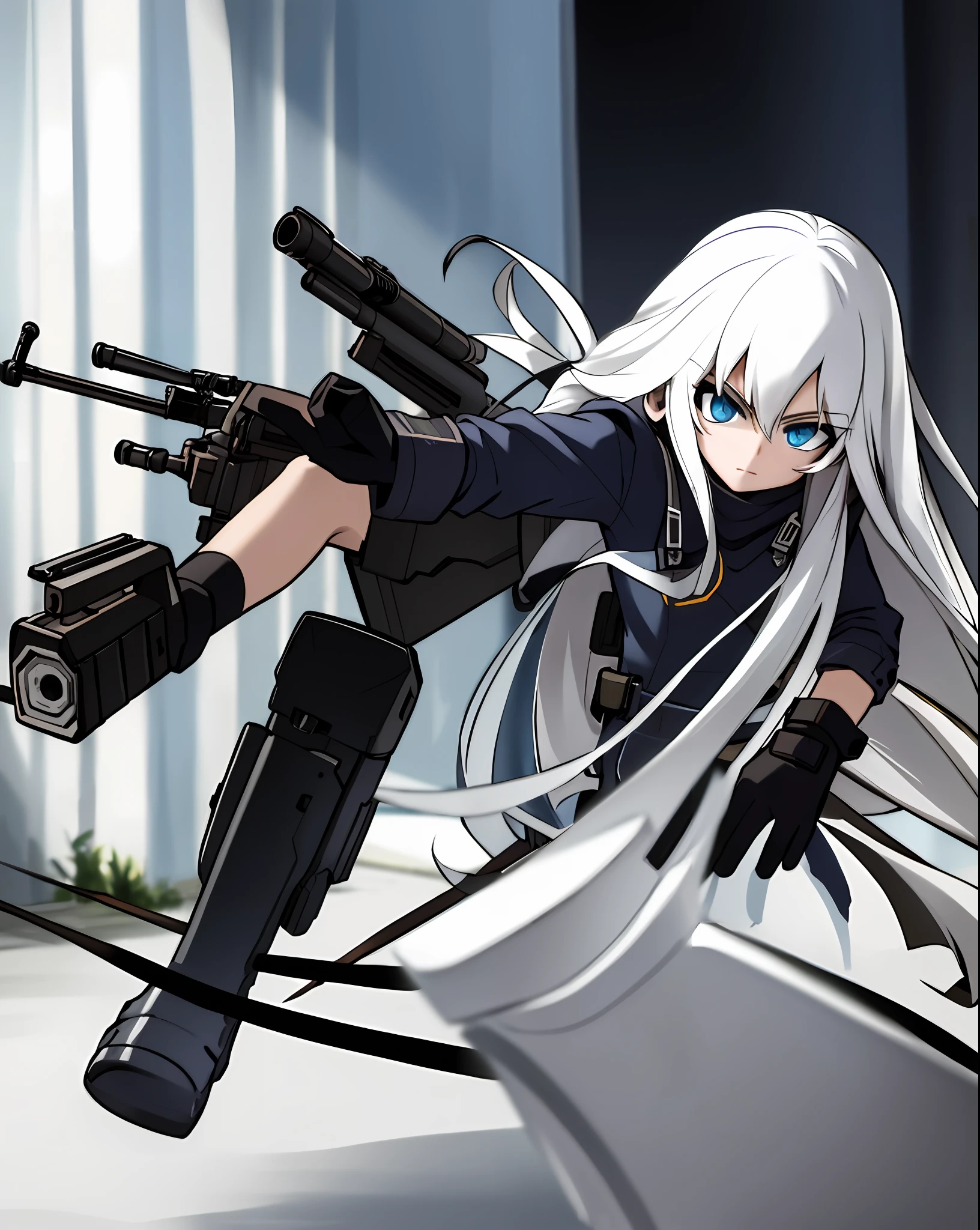 Assassin, girl, cute, super long, white hair, blue eyes, sniper rifle, black gloves