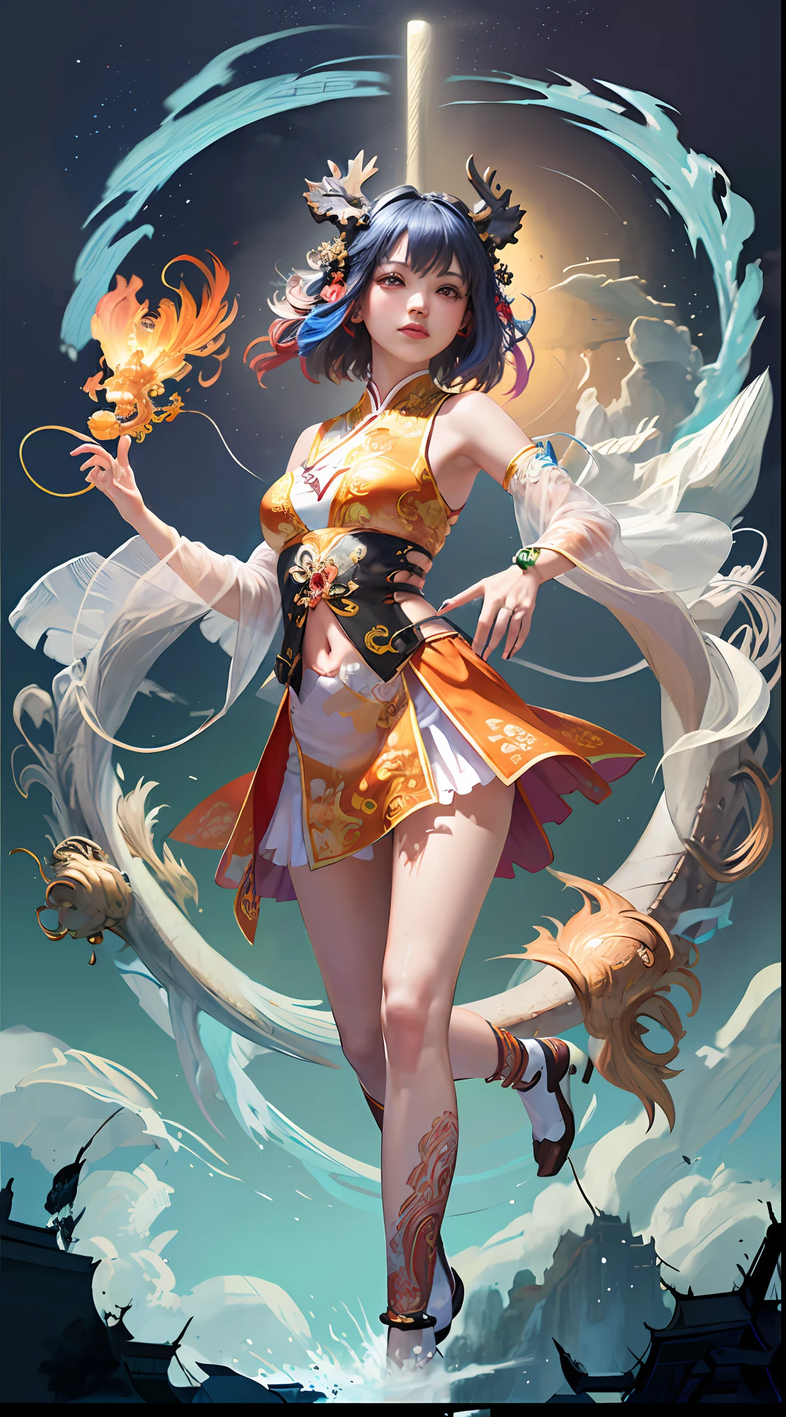 Official Art, Unified 8K Wallpapers, Ultra Detailed, Beautiful and Aesthetic, Masterpiece, Best Quality, (Zentangle, Tangle, Entangle), (fractal art: 1.4), 1girl, black hair, Chinese, bare shoulders, short skirt, calf, navel, extreme hand details, very detailed, dynamic angle, cowboyshot, (most beautiful form chaos), ethereal, (bright colors), OC, (half: 1.2), china, (thangka flying sky: 1.5), (ribbon: 1.3), (dream: 1.5), (hanfu: 1.5), (Chinese phoenix: 1.5), (smile: 0.5), ( Chinese deities),