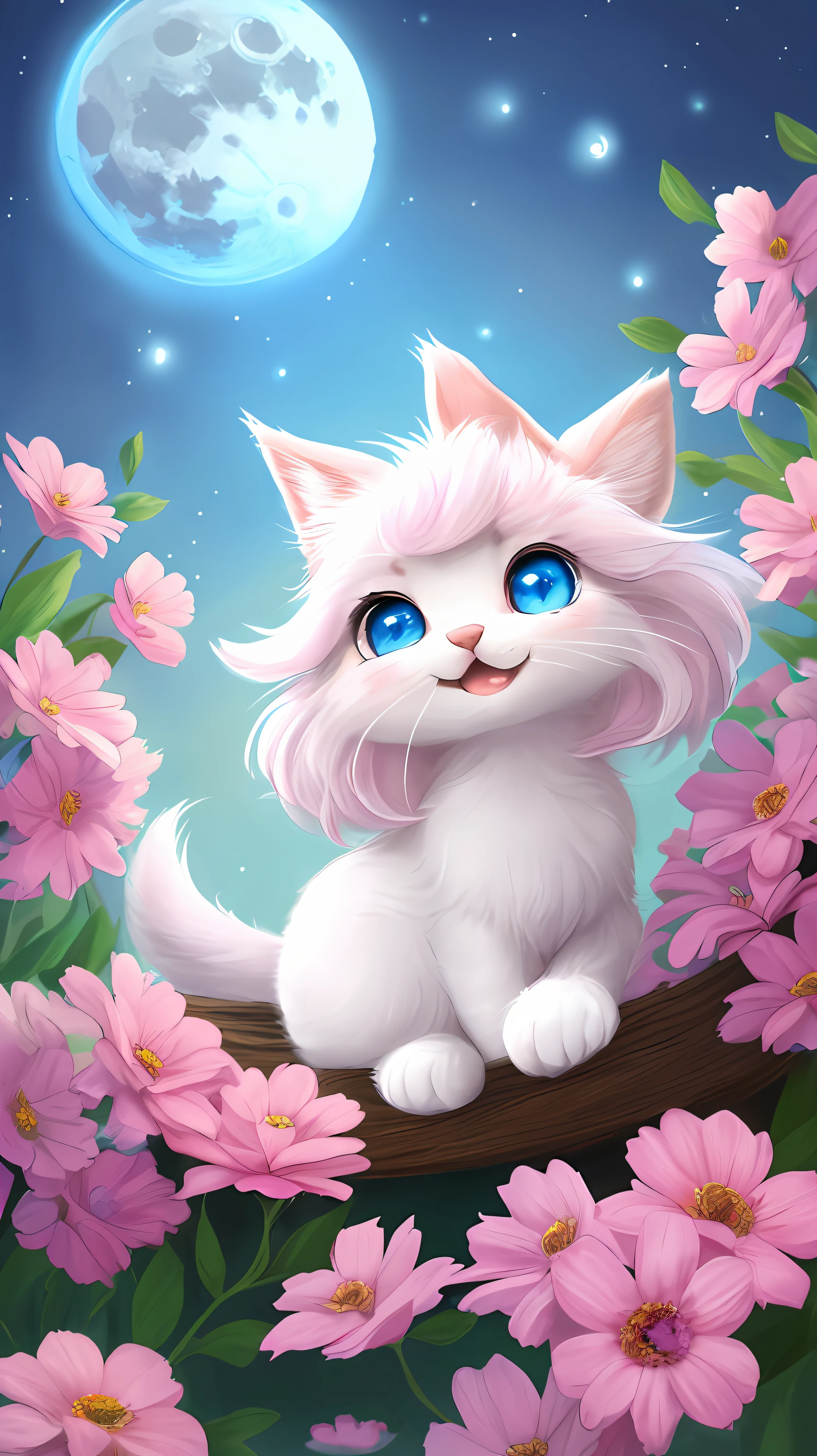A kitten with a tiny tail, a small nose, small ears, blue eyes, pink background, flowers, vases, dreams, open mouth, smile, Caroline Chariot-Dayez pastels, tumblr, furry art, elokitty, Disney's Bambi cat, Disney's stylized furry, ears floating, fluffy tail, fluffy '', fluffy !!!, high resolution, furry art!!! The moon, small in size