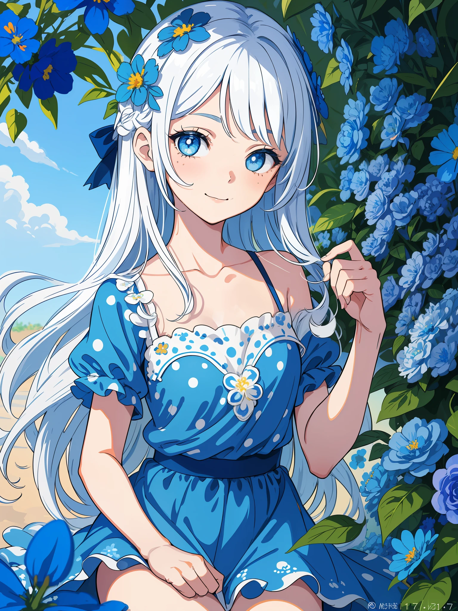 masterpiece, top quality, illustration, (cartoon: 1.4),(blue and orange polka dot t-shirt: 1.9)(polka dots: 1.8) light blue eyes, shining eyes, white hair, floral hair ornament, big eyes, long lashes, white shoulder shirt, beautiful detailed face, , bare shoulderes, model, summer, beautiful girl, long hair, sky, blue gradient, cloudy, polka dots, Color Sprash, Thin Paint Style, (Blue Paint Art on Arm: 1.4), Splash, Resolution Max, Superb Smile, (((Large Flower Garden, Blue Flowers: 1.7)), High Saturation, Polka Dos,