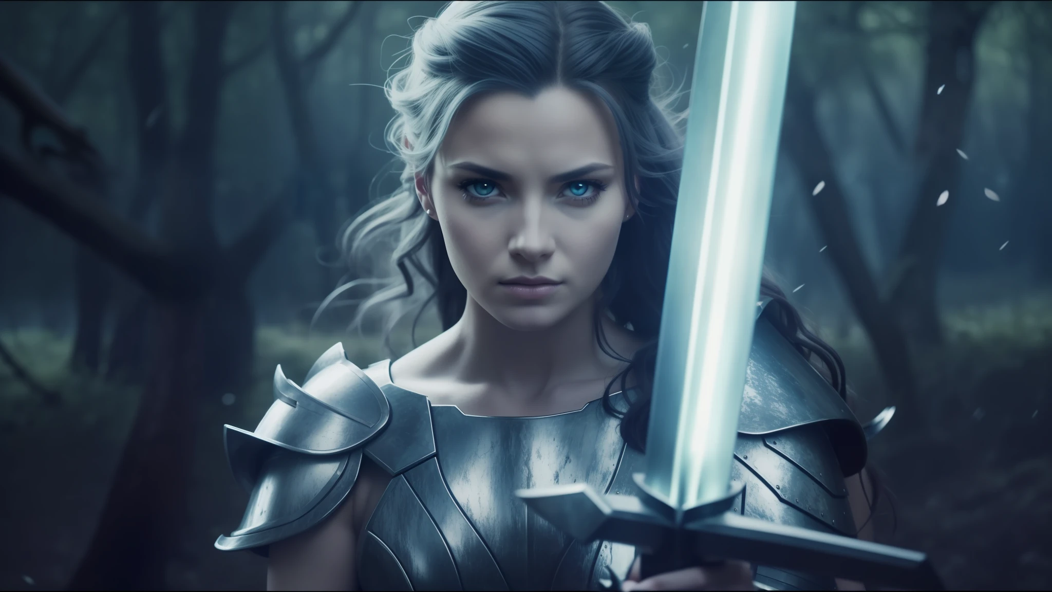 Woman armed in armor holding a sword in a forest, stunning vfx, light blue-gray eyes, still from a music video, fierce, rendering of Mirabel Madrigal, photo of an adult warrior, portrait of a soldier, still image of anime, fierce Medusa, by Melissa Benson, powerful princess of the desert, charli bowater and artgeem, legend of the cryptids