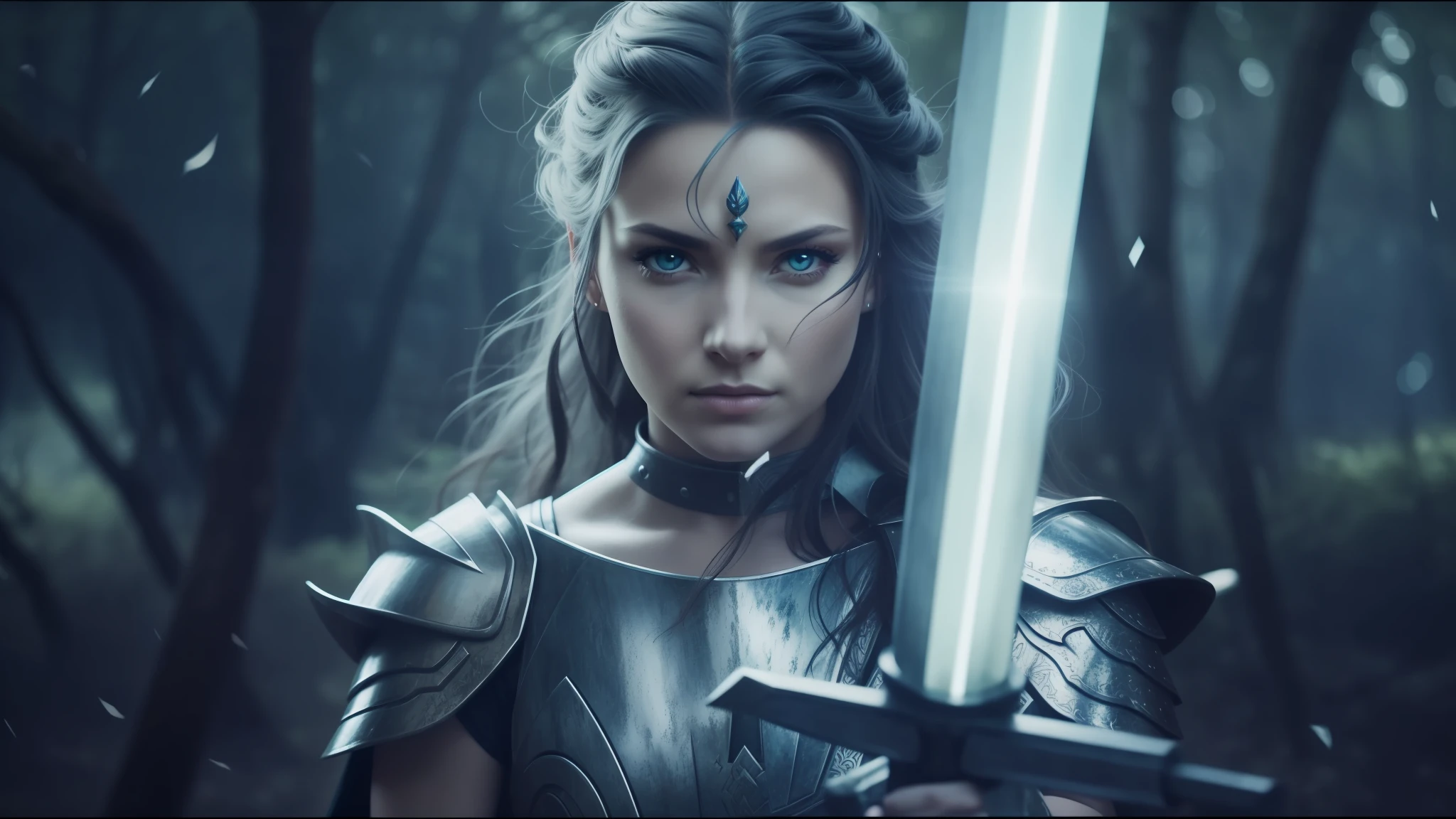 Woman armed in armor holding a sword in a forest, stunning vfx, light blue-gray eyes, still from a music video, fierce, rendering of Mirabel Madrigal, photo of an adult warrior, portrait of a soldier, still image of anime, fierce Medusa, by Melissa Benson, powerful princess of the desert, charli bowater and artgeem, legend of the cryptids