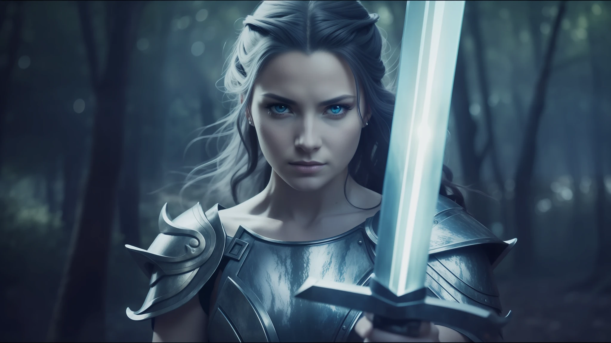 Woman armed in armor holding a sword in a forest, stunning vfx, light blue-gray eyes, still from a music video, fierce, rendering of Mirabel Madrigal, photo of an adult warrior, portrait of a soldier, still image of anime, fierce Medusa, by Melissa Benson, powerful princess of the desert, charli bowater and artgeem, legend of the cryptids