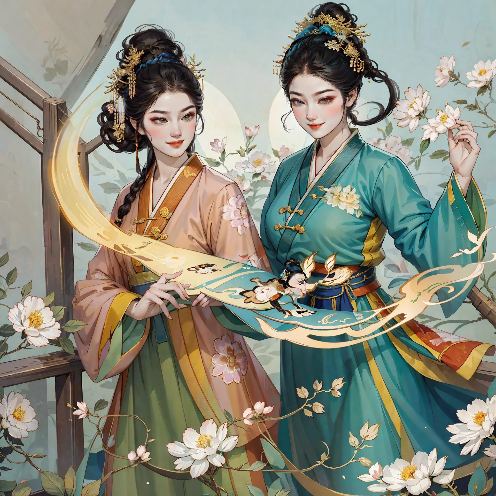 Chinese ancient style, two beautiful women, wearing Hanfu, smiling on their faces, beautiful scenes, in the garden, very happy, Tyndall effect, beautiful lighting, dynamic movements, expressive