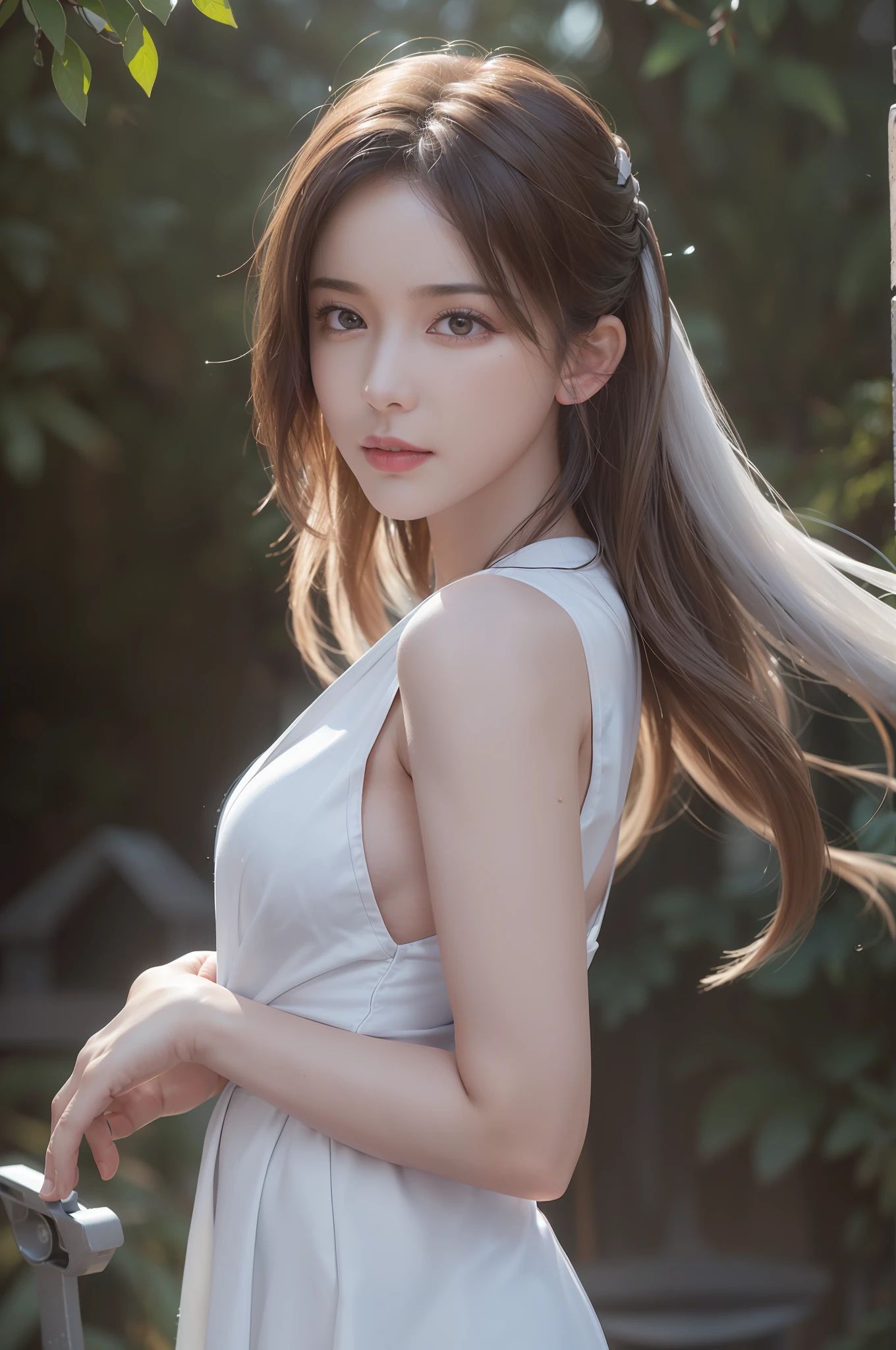 (8k, RAW photo, best quality, mastery:1.2), (realistic, photo-realistic:1.37), ultra-detailed, (high detailed skin:1.2), 8k uhd, dslr, soft light, high quality, film grain, Fujifilm XT3, professional lighting, photon mapping, light energy transfer, white robe fluttering in the wind, Long Brunette Hair, Well Dressed, Perfect Face, Handsome, Concept Art, Detailed Face and Body, Award Winning Photography, Detailed Face, Backlit, Hyper-Realism, Ray Tracing, Strong Gaze, Looking at the Audience, Movie Lights, Embers, Fantasy, Action Pose, Splash, Mist, RAW Photos, 8k uhd, Film Granules,