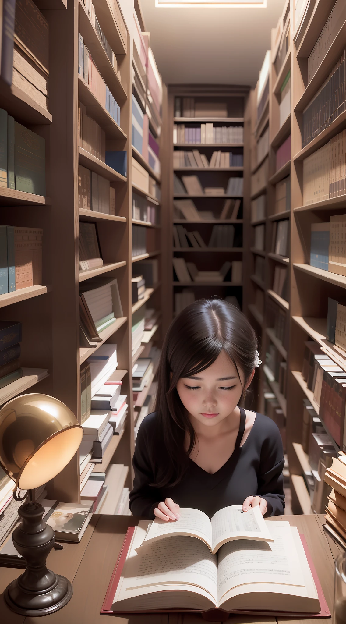 In the mysterious library, Ms. Alaferd reads next to the librarian who is well-dressed and elegant, the wallpaper is presented in the form of Pixar portrait 8K, revealing a faint dark atmosphere, and the continuous bookshelves extend like a desert, like an endless book palace, where darkness and mystery are intertwined, and the magical power hidden in the long history is manifested in silence to create an eternal library, like a flower in the stone, Zhong Lingyu show. With her eyes fixed on the book, the world has nothing to do with her