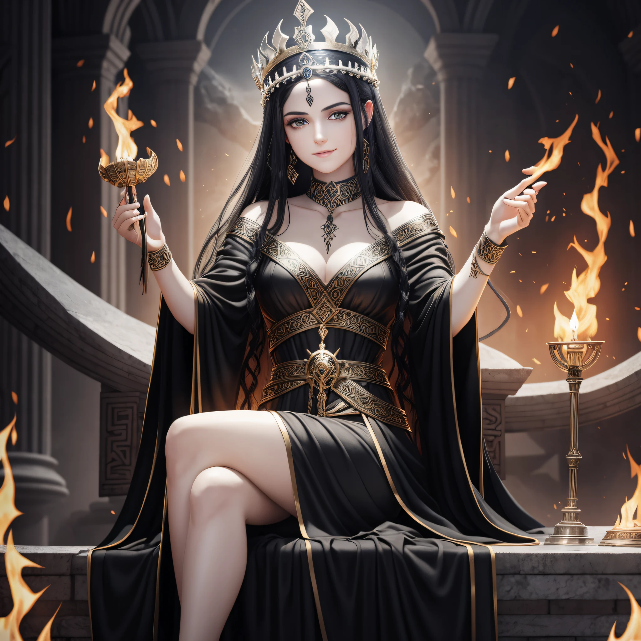 Young greek goddess of death and rebirth, With black hair and black eyes, Is pale skinned, Wears black robe and silver crown, Is young queen of hell, Is sitting on the throne, Is smiling coldly, abyss, underworld, styx, flame of hell, Greek mythology, mysterious atmosphere, super high quality, super hand description, HDR, photorealistic, super detail, masterpiece, 8K