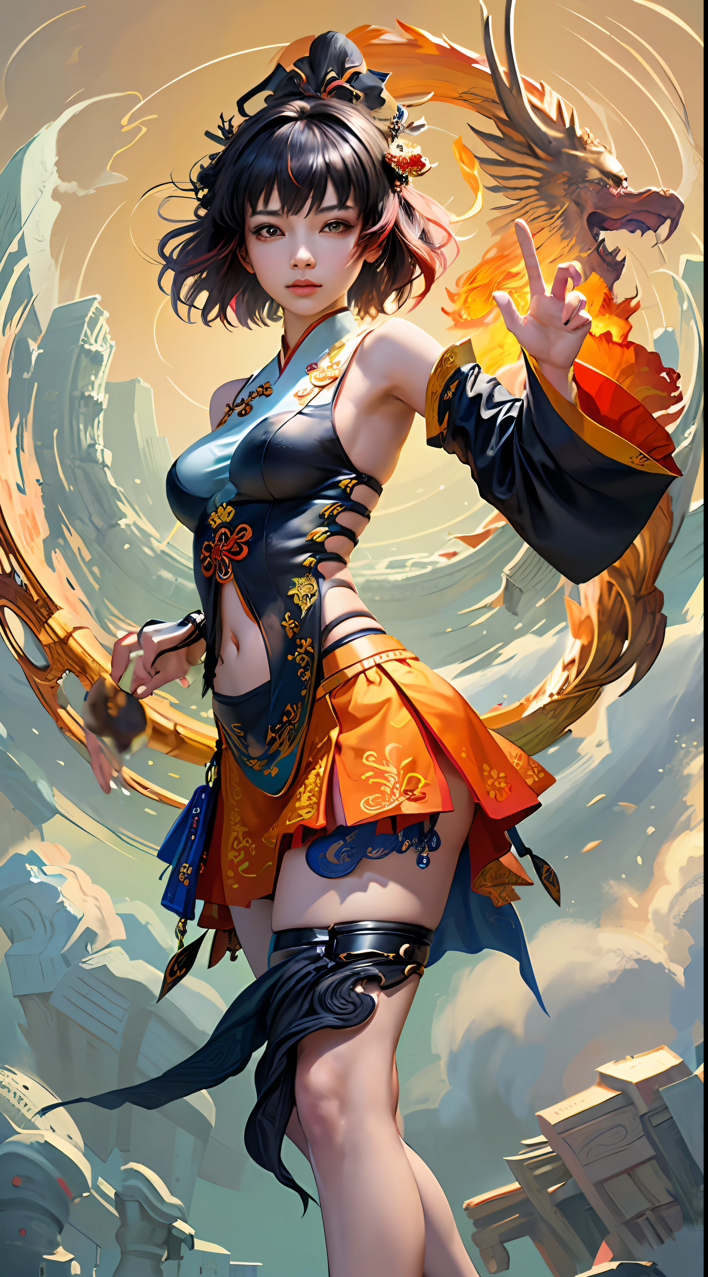 Official Art, Unified 8K Wallpapers, Ultra Detailed, Beautiful and Aesthetic, Masterpiece, Best Quality, (Zentangle, Tangle, Entangle), (fractal art: 1.4), 1girl, black hair, Chinese, bare shoulders, short skirt, calf, navel, extreme hand details, very detailed, dynamic angle, cowboyshot, (most beautiful form chaos), ethereal, (bright colors), OC, (half: 1.2), china, (thangka flying sky: 1.5), (ribbon: 1.3), (dream: 1.5), (hanfu: 1.5), (Chinese phoenix: 1.5), (smile: 0.5), ( Chinese deities),