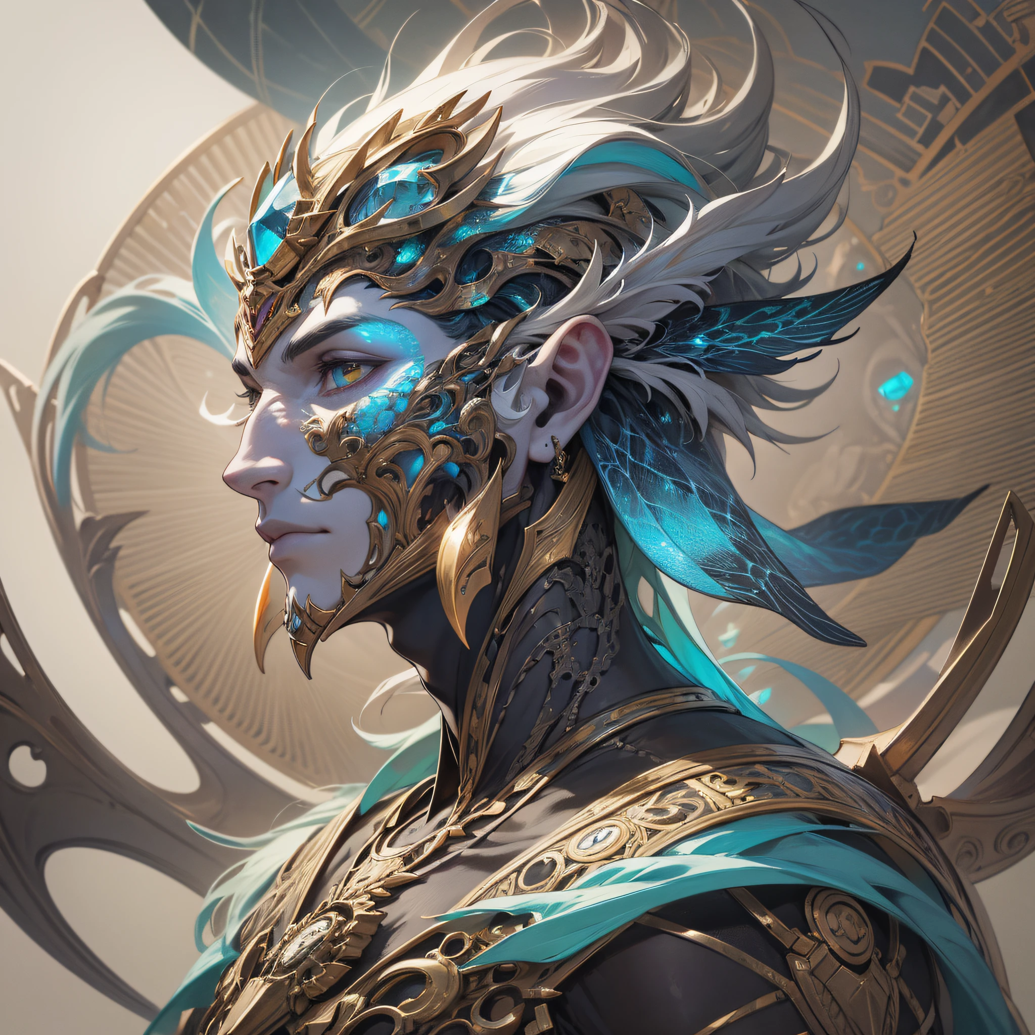 Create an intricately detailed mixed-media portrait of a shape-shifting male creature by blending aspects of mechanical, organic, and mythological design. --auto --s2