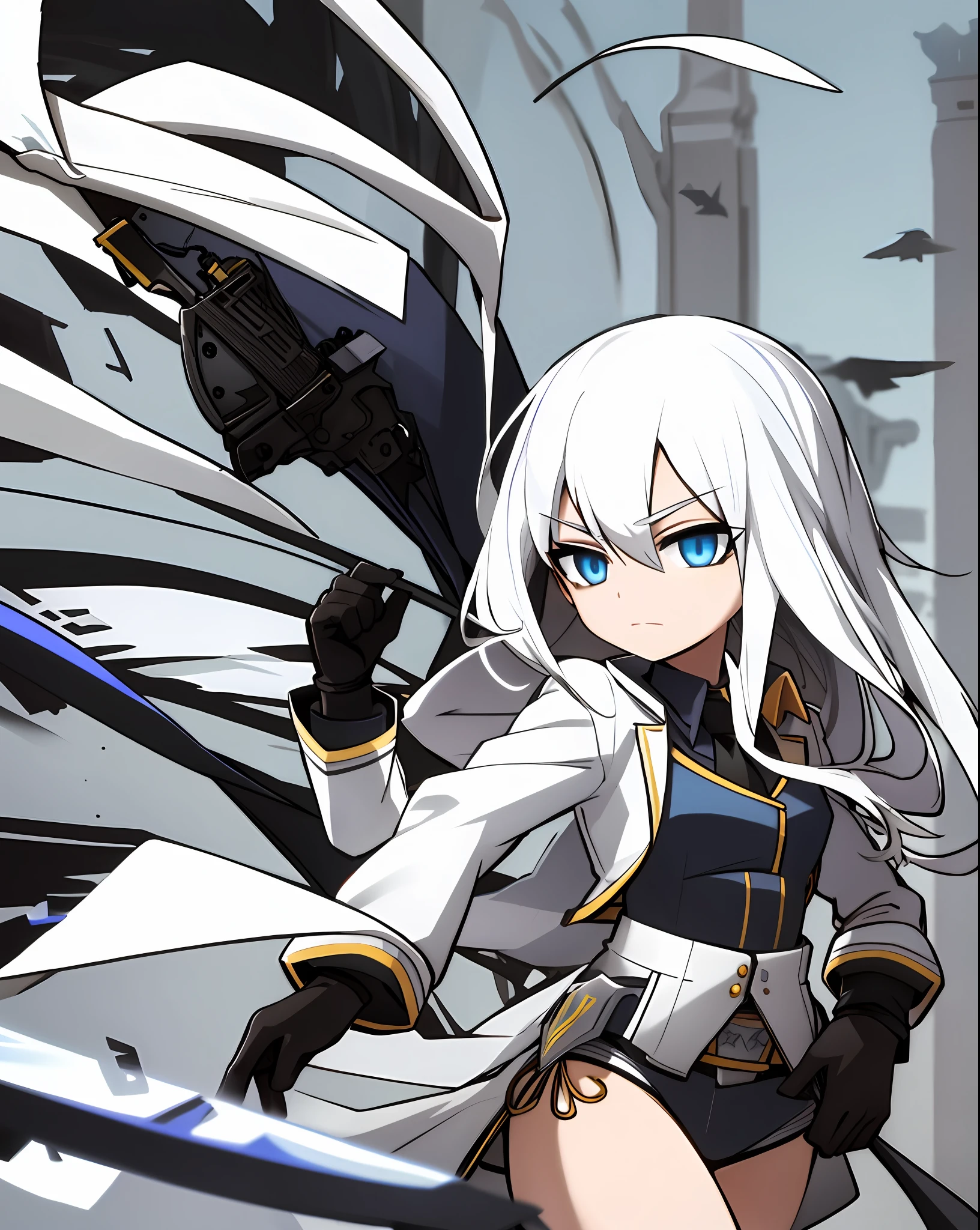 Assassin, girl, cute, super long, white hair, blue eyes, black gloves, revolver