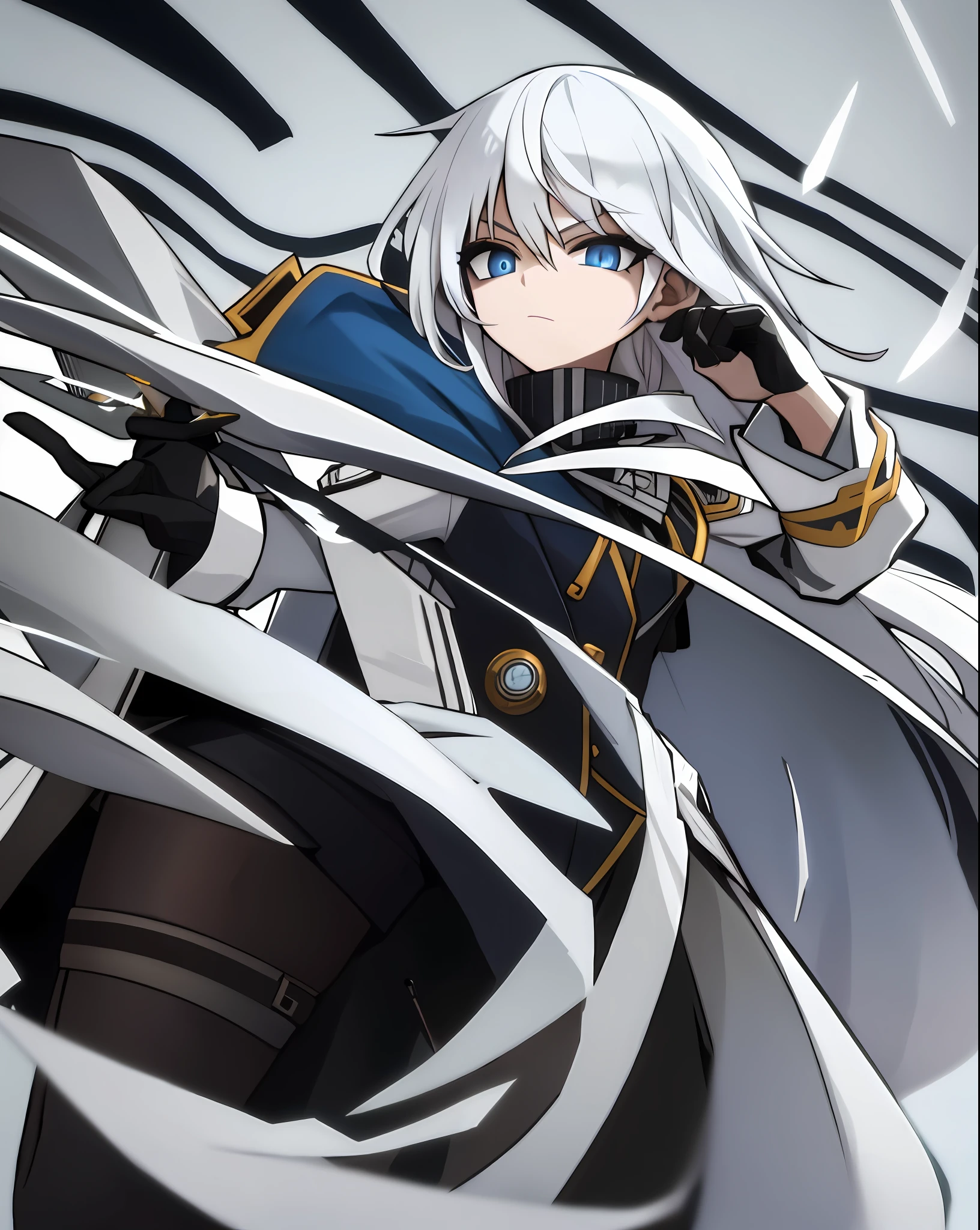 Assassin, girl, cute, super long, white hair, blue eyes, black gloves, revolver