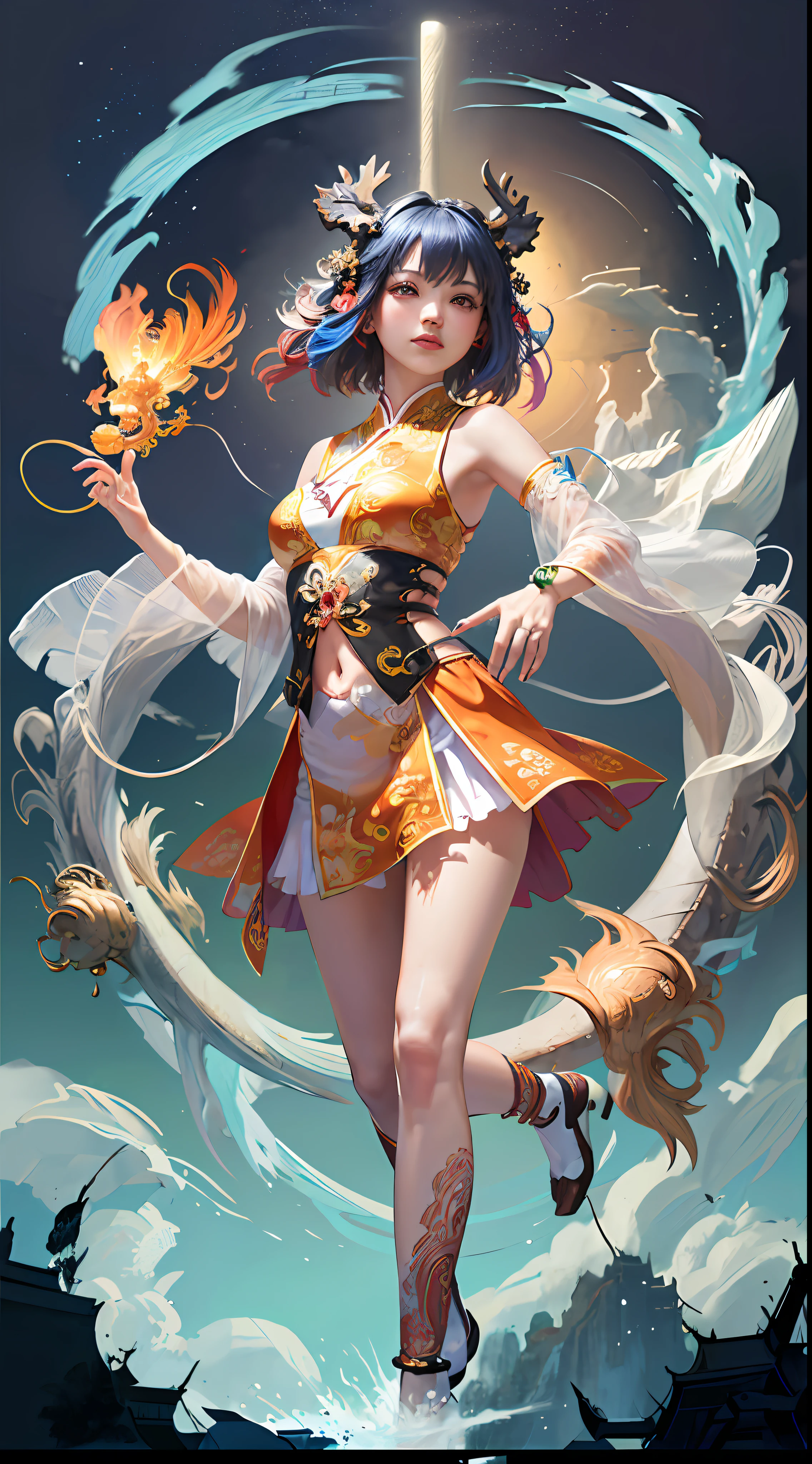 Official Art, Unified 8K Wallpapers, Ultra Detailed, Beautiful and Aesthetic, Masterpiece, Best Quality, (Zentangle, Tangle, Entangle), (fractal art: 1.4), 1girl, black hair, Chinese, bare shoulders, short skirt, calf, navel, extreme hand details, very detailed, dynamic angle, cowboyshot, (most beautiful form chaos), ethereal, (bright colors), OC, (half: 1.2), china, (thangka flying sky: 1.5), (ribbon: 1.3), (dream: 1.5), (hanfu: 1.5), (Chinese phoenix: 1.5), (smile: 0.5), ( Chinese deities),