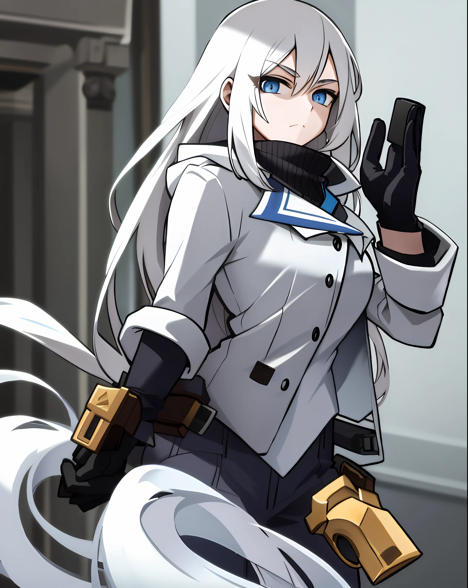 Assassin, girl, cute, super long, white hair, blue eyes, black gloves, revolver