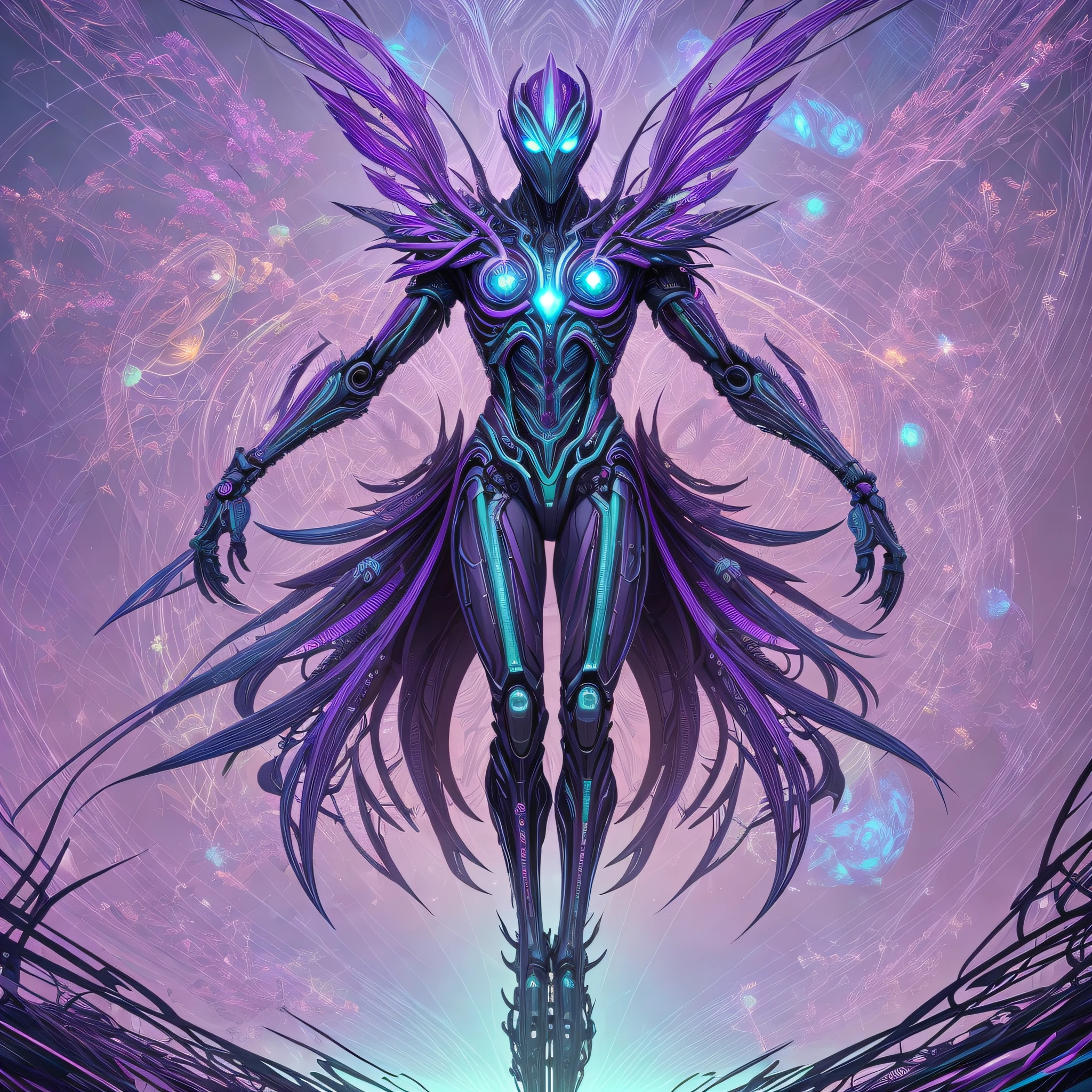 Create a work of art with a futuristic, biomechanical male creature in a vibrant ultraviolet palette. The creature is composed of mechanical parts and organic elements such as flowers, vines and feathers, and exudes a sense of wonder and dread. The backdrop should be an abstract, kaleidoscopic landscape that indicates a hidden world beyond our comprehension. --auto --s2
