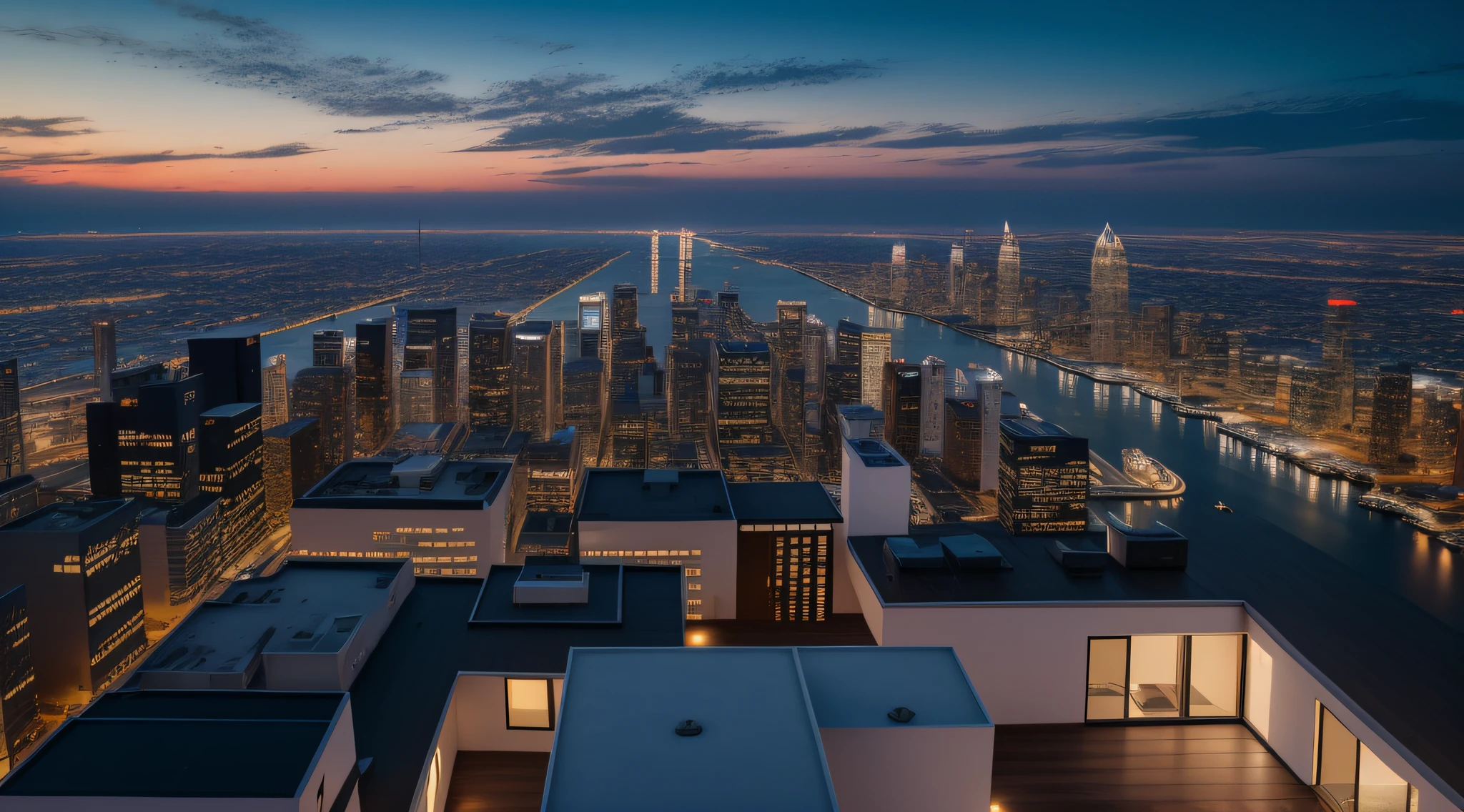 realistic, photorealistic, detailed, best quality, ultra high resolution, high resolution, view sitting on top of the roof of a house, cityscape, united states city, night, dark, moon, very dark, dawn, midnight, dark sky