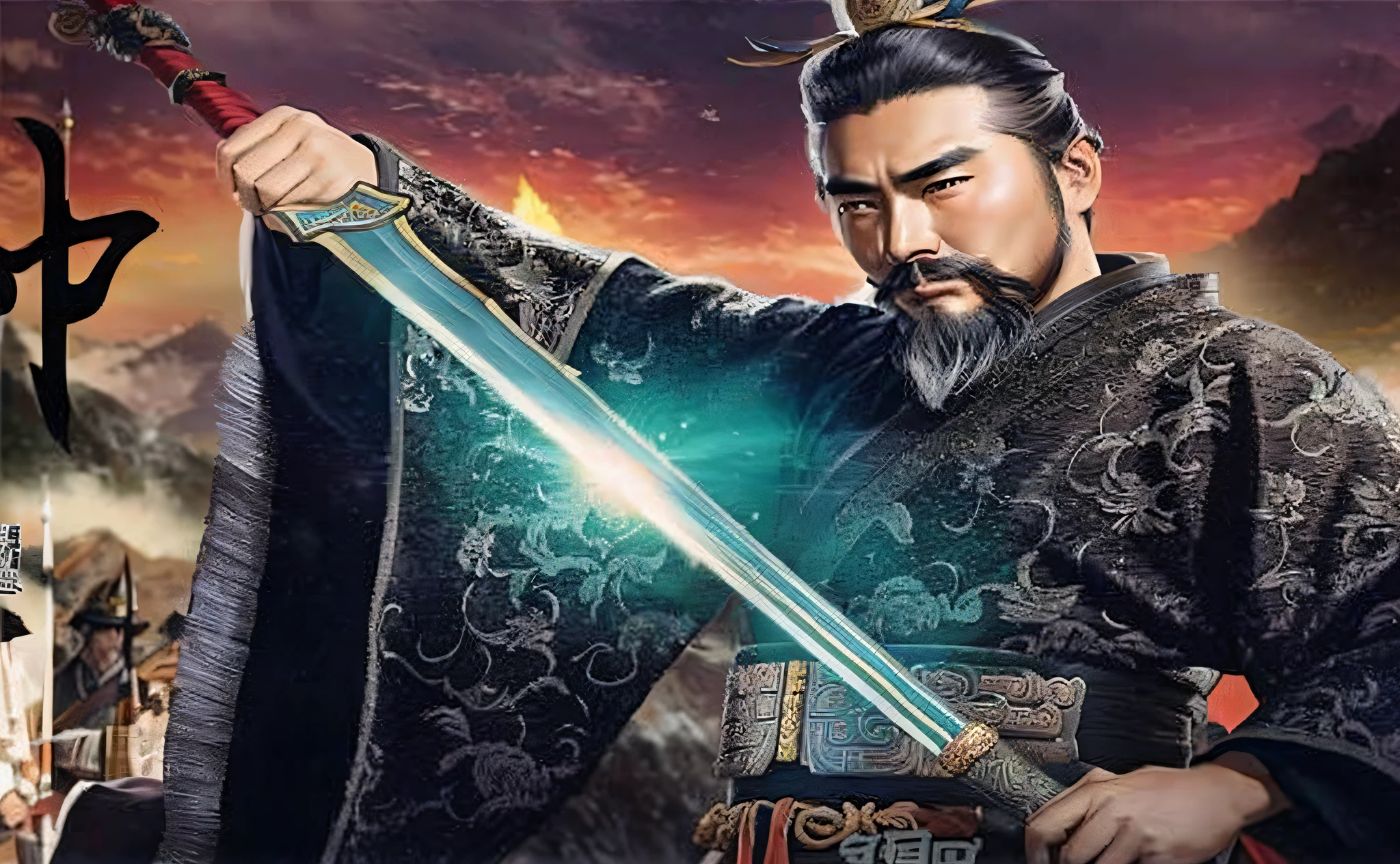 the legend of condor poster, jiang sword, guan yu, chinese three kingdoms, inspired by Li Gonglin, inspired by Wu Daozi, xianxia hero, inspired by Li Kan, from three kingdoms, feng shu, three kingdoms, drama, genghis khan, inspired by Guan Daosheng, hua cheng, inspired by Hu Zaobin