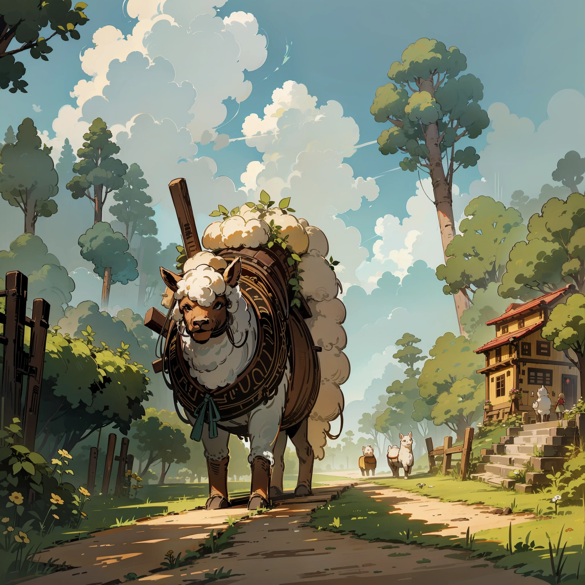 Forest, terraces, clouds, wide angle, pioneer, dirt road, traveling merchant, alpaca, alpaca carrying goods, indian merchant, back, go forward, wooden crutches, ray tracing, comics, 3d rendering, cartoon, cute style, sunny, outdoor, detail, 4K, HD, high quality