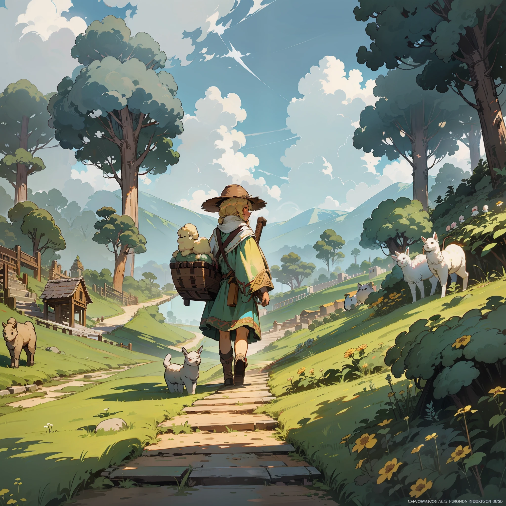 Forest, terraces, clouds, wide angle, pioneer, dirt road, traveling merchant, alpaca, alpaca carrying goods, indian merchant, back, go forward, wooden crutches, ray tracing, comics, 3d rendering, cartoon, cute style, sunny, outdoor, detail, 4K, HD, high quality