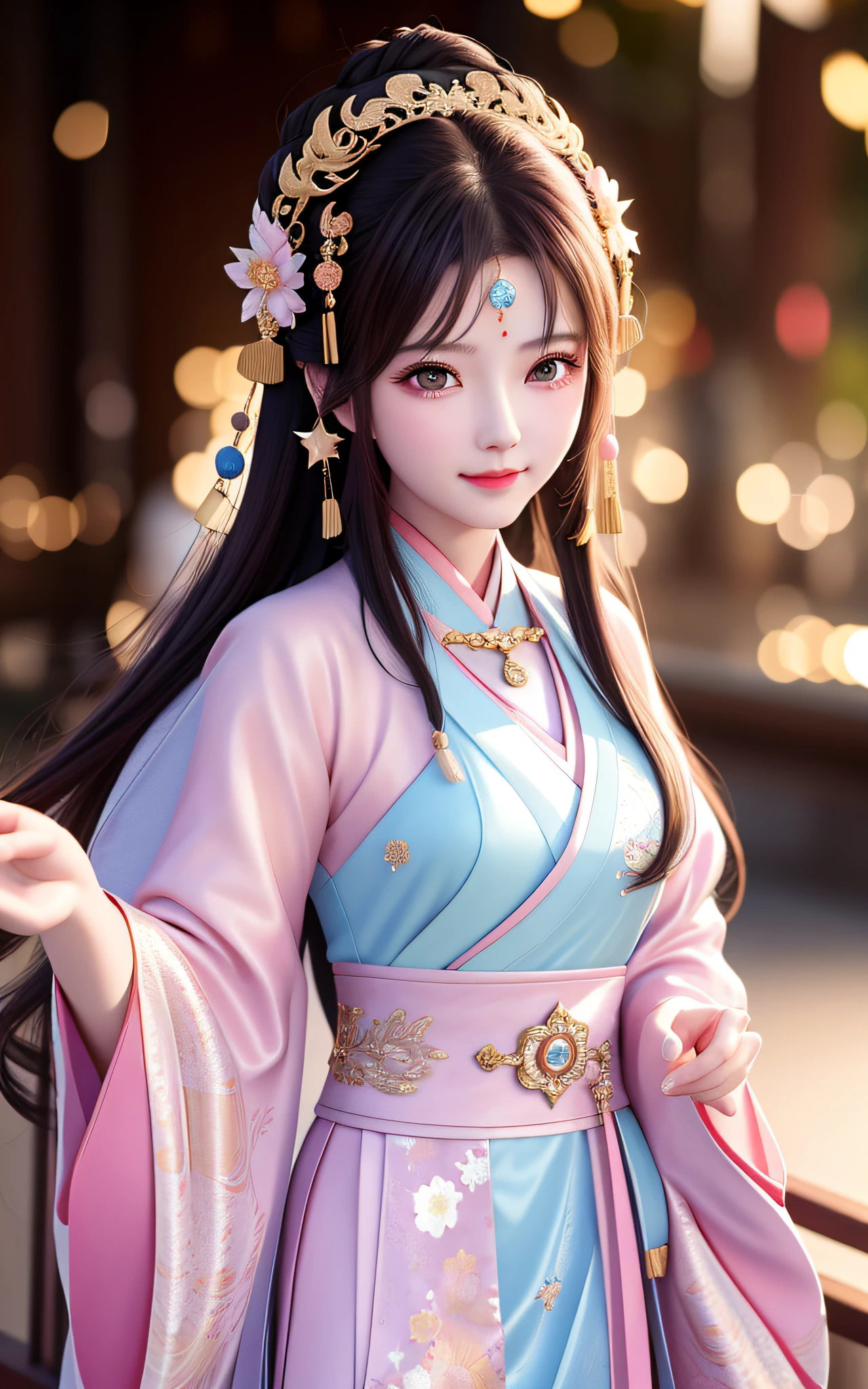 best quality, masterpiece, highres, 1girl,blush,(seductive smile:0.8),star-shaped pupils,china hanfu,hair ornament,necklace, jewelry,Beautiful face,upon_body, tyndall effect,photorealistic, dark studio, rim lighting, two tone lighting,(high detailed skin:1.2), 8k uhd, dslr, soft lighting, high quality, volumetric lighting, candid, Photograph, high resolution, 4k, 8k, Bokeh
