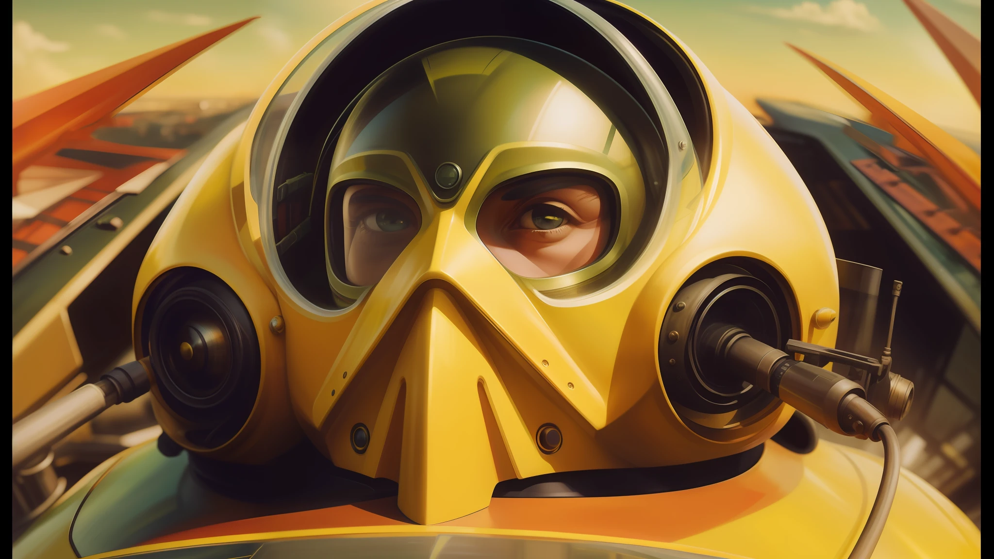 there is a man in a yellow gas mask sitting in a yellow car, stunning sci-fi concept art, glass helmets and dove wings, inspired by Wojciech Siudmak, dynamic closeup, vulture, photorealism pastel, dieselpunk art style, anamorphic widescreen, tekkon kinkreet, hyperrealistic beautiful face, speedy aircraft, masterful painting