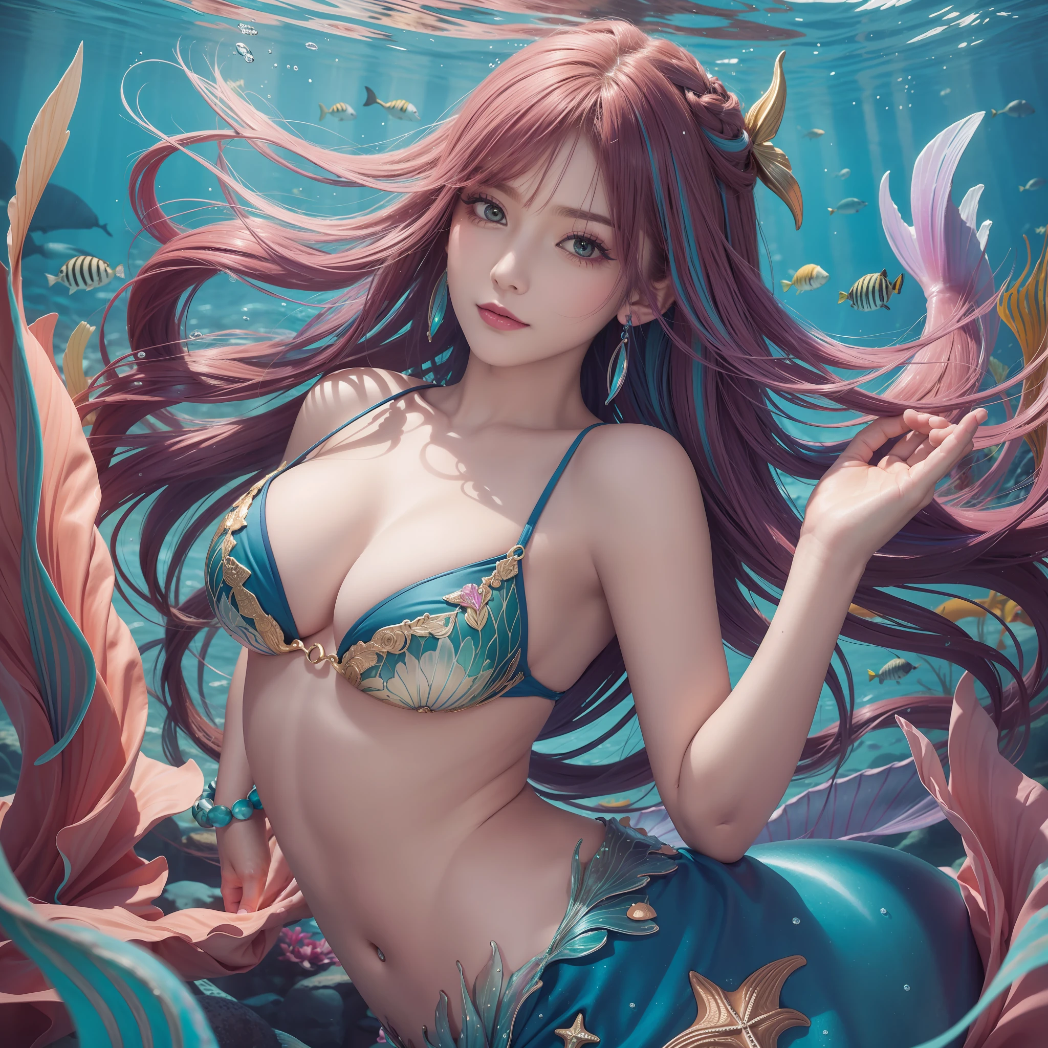 best quality, slr, mermaid, beautiful, single woman, colorful hairstyle, colorful scales, colorful caudal fin, in the sea, underwater, big, big cleavage