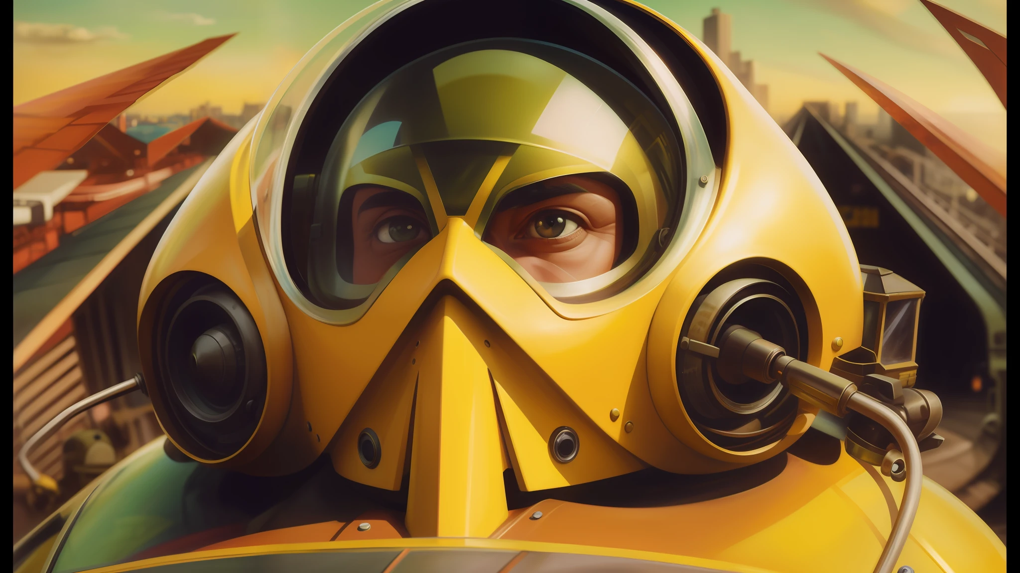 there is a man in a yellow gas mask sitting in a yellow car, stunning sci-fi concept art, glass helmets and dove wings, inspired by Wojciech Siudmak, dynamic closeup, vulture, photorealism pastel, dieselpunk art style, anamorphic widescreen, tekkon kinkreet, hyperrealistic beautiful face, speedy aircraft, masterful painting