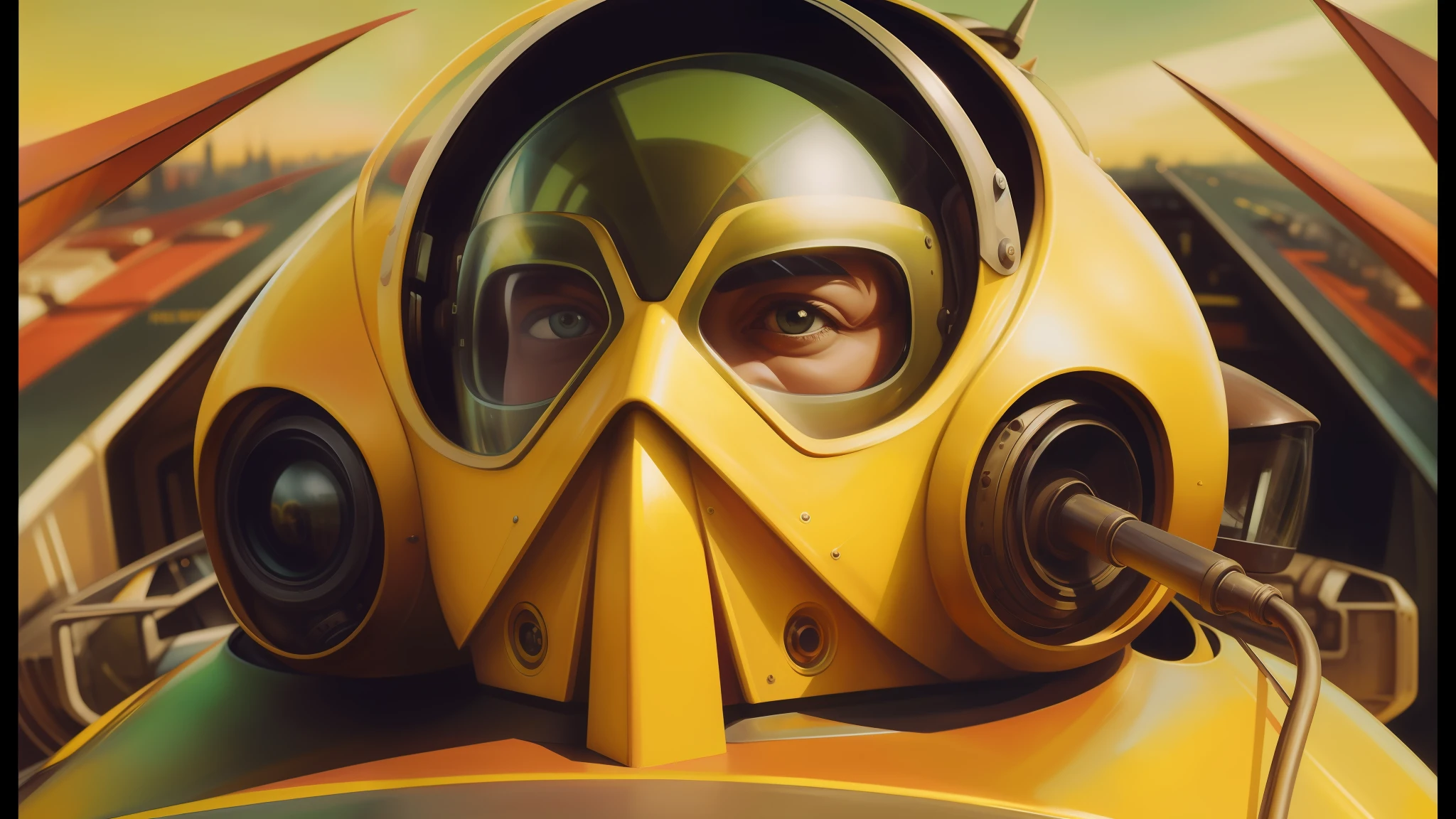 there is a man in a yellow gas mask sitting in a yellow car, stunning sci-fi concept art, glass helmets and dove wings, inspired by Wojciech Siudmak, dynamic closeup, vulture, photorealism pastel, dieselpunk art style, anamorphic widescreen, tekkon kinkreet, hyperrealistic beautiful face, speedy aircraft, masterful painting