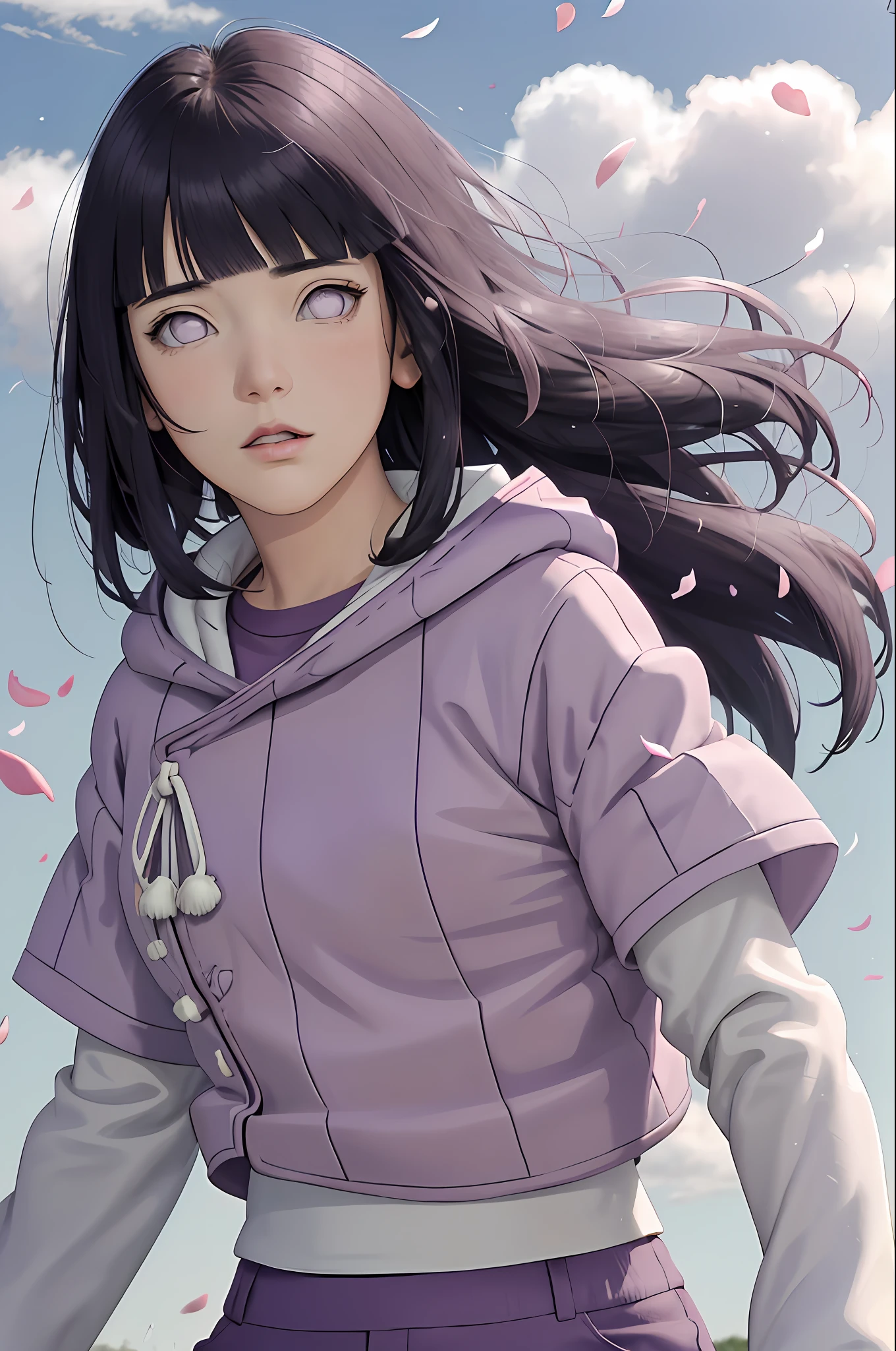 masterpiece, absurdres, hinata\(boruto\), 1girl, solo,mature female, purple hoodie,layered sleeves, brown pants,  outdoors,lavender flower field, wind, floating hair, looking at viewer, (falling petals), cloudy sky, perfect composition, detailed lips, medium breast, beautiful face, body propotion, blush, (pink lips), long hair,  purple eyes