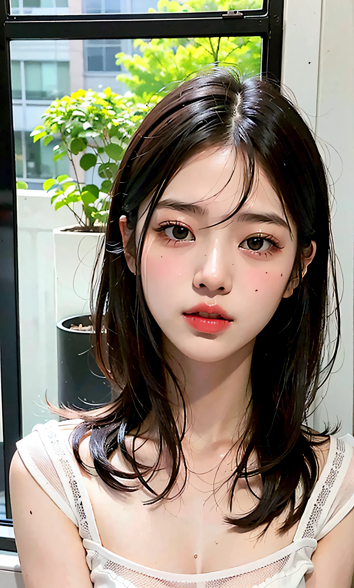 ulzzang-6500-v1.1, (Raw photo:1.2), (Photorealistic:1.4), Beautiful detailed girl, Girl dozing off in subway in sweat-drenched white shirt becomes transparent