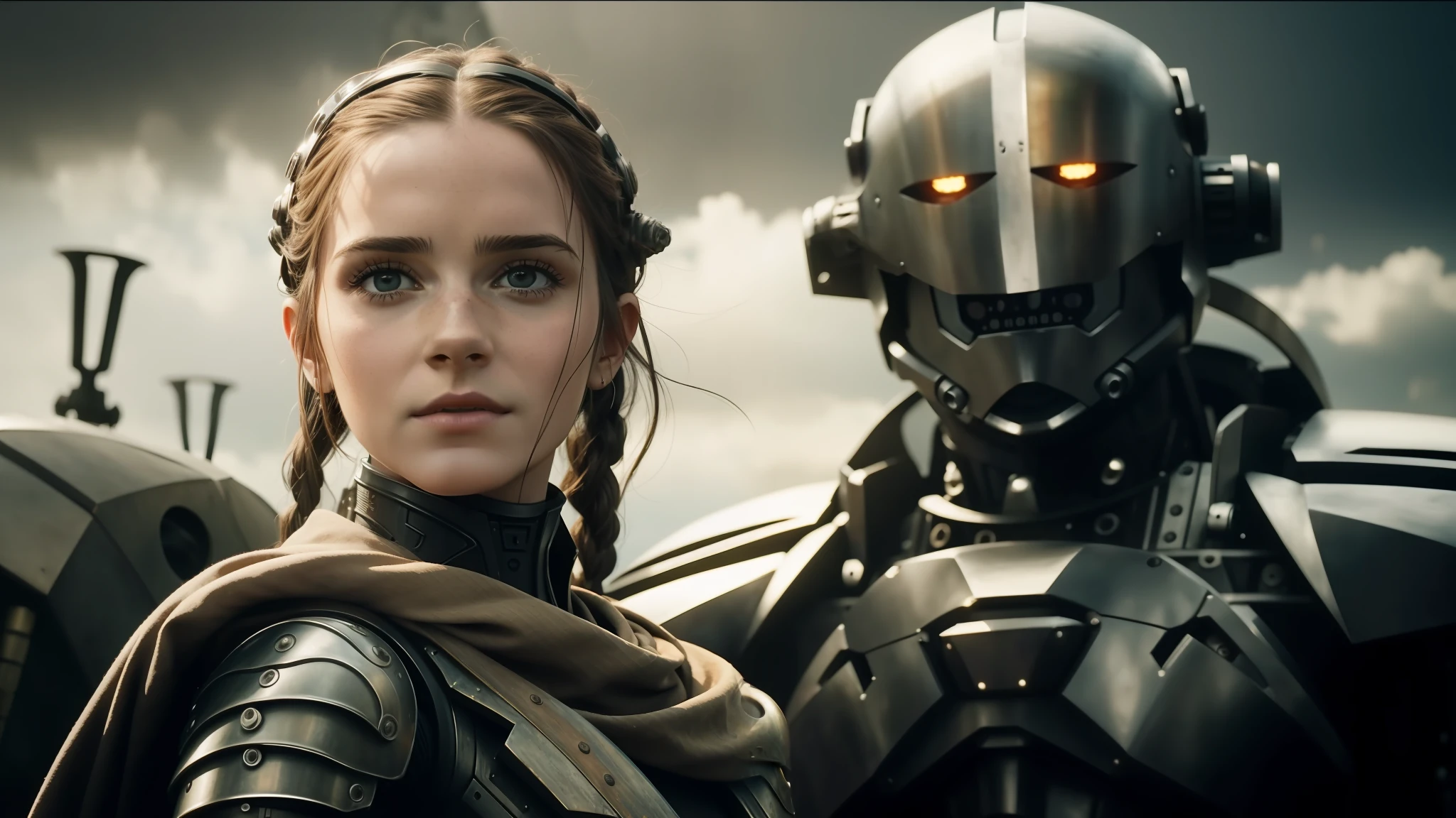 arafed woman in armor and a man in a capacete, 2 0 2 1 cinematic 4 k framegrab, luis royo e alex ebel, biometric humanoid robot, eve ventrue, de László Beszédes, imagem promocional de hollywood, steampunc, emma watson as driada, filmstill