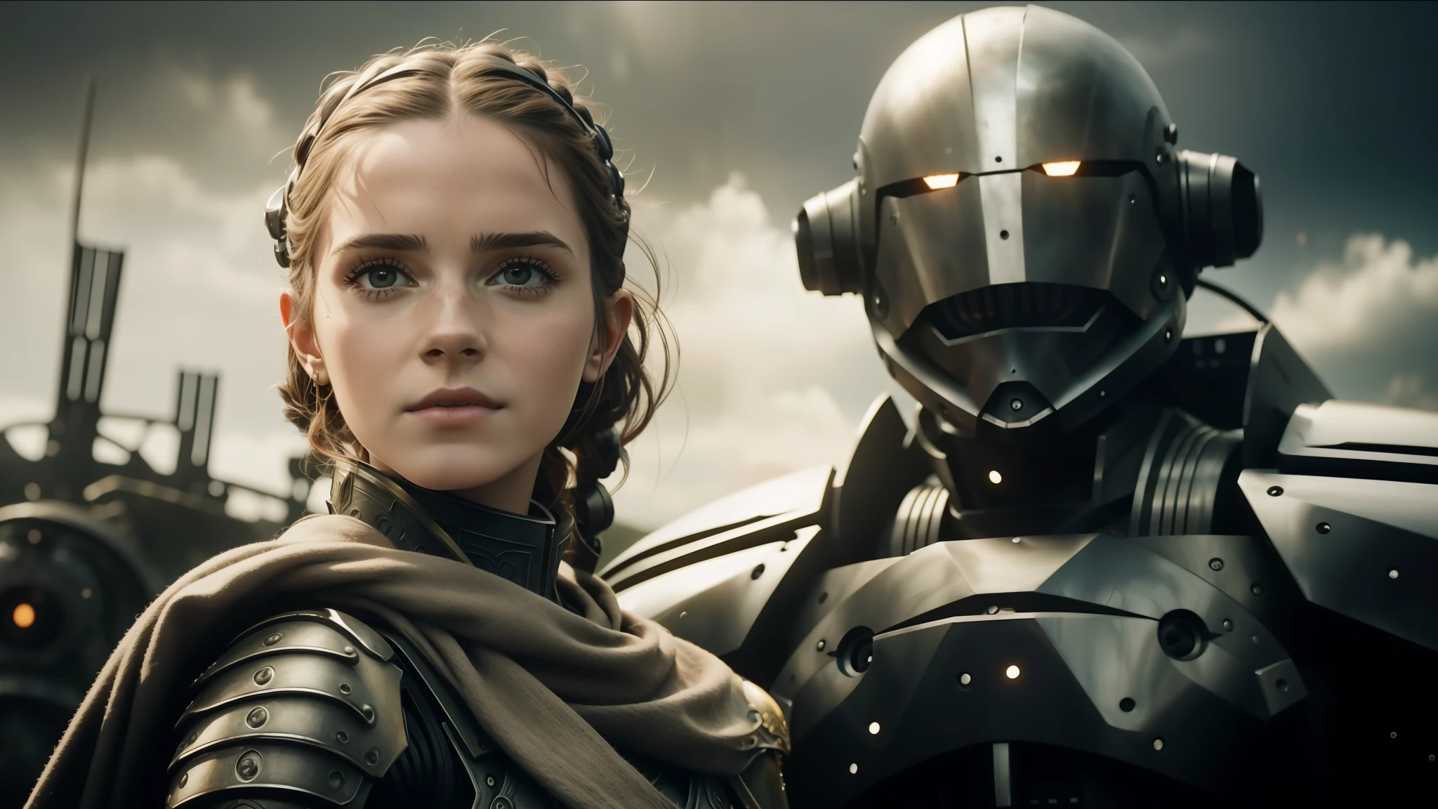 arafed woman in armor and a man in a capacete, 2 0 2 1 cinematic 4 k framegrab, luis royo e alex ebel, biometric humanoid robot, eve ventrue, de László Beszédes, imagem promocional de hollywood, steampunc, emma watson as driada, filmstill