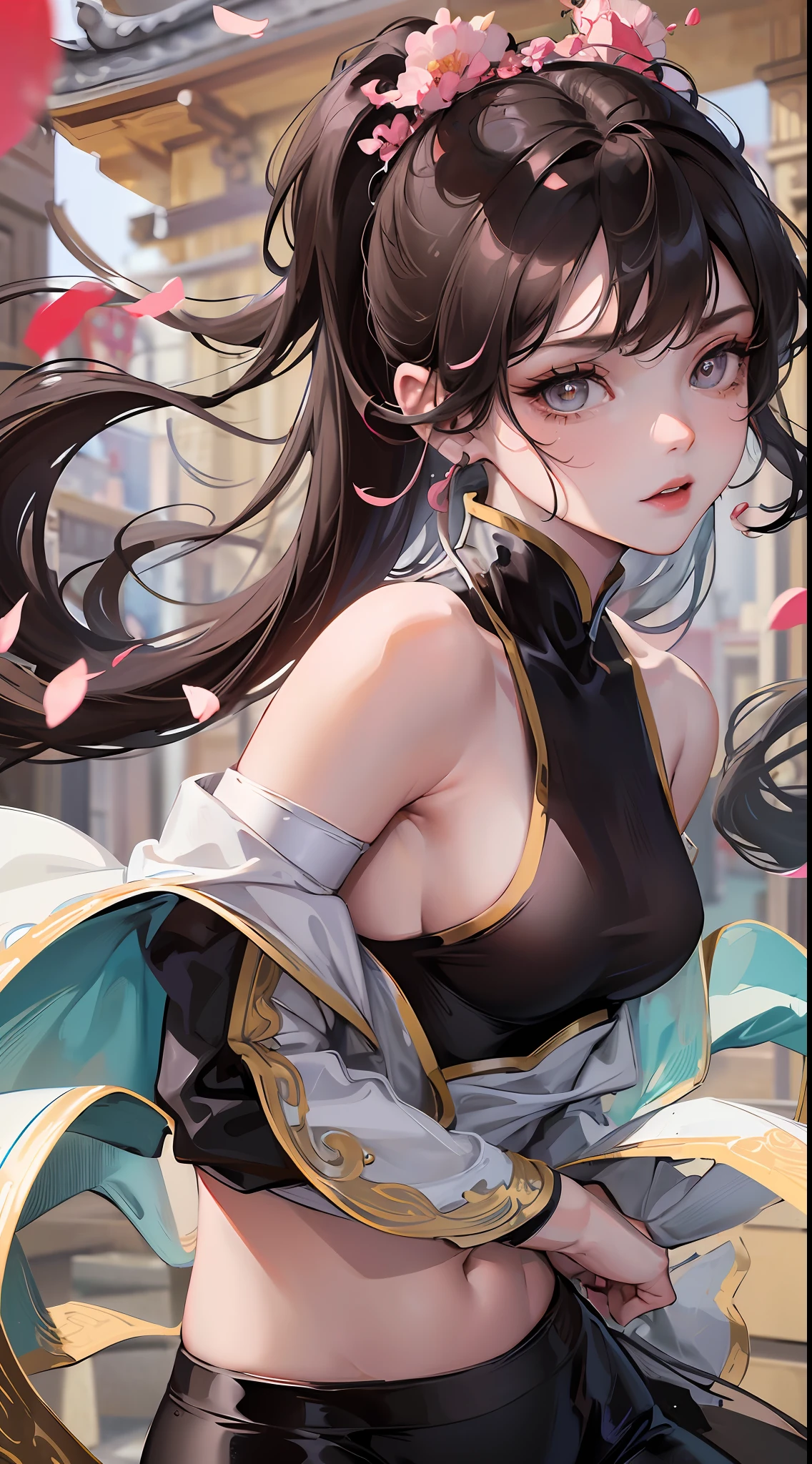 ((Best Quality, 8K, Masterpiece: 1.3)), Chun Li, Masterpiece, Ultra Detail, Ultra HD, 8K, ((Black Pantyhose)), White High Boots, Street Fighter Chun Li, 1girl, Solo, Best Quality, Realistic, Ultra Detailed, (Shiny Skin, Sweating: 1.4), Looking at the Audience, Brown Eyes, Slender, Dynamic Light and Shadow, High Resolution, Sharp Focus, Depth of Field, Fine Eyes, Sharp Pupils, Realistic Pupils, (Thigh Thickness: 1.3), Outdoor, Sky, Detailed Eyes, Backlight, Best light and shadow, intricate details, super detailed details, capkong chunli, upper body close-up, small thin waist, slim belly, wide hip, character standing, sideways, looking back, big eyes, long eyelashes, delicate nose, Instagram style girl, kung fu pose, (upper body portrait: 1.5), perfect digital illustration, wind, petals, flowing long hair, artistic conception, messy red petal background, ancient Chinese buildings, temples, temples, mountain roads in the body, brilliant light, particles